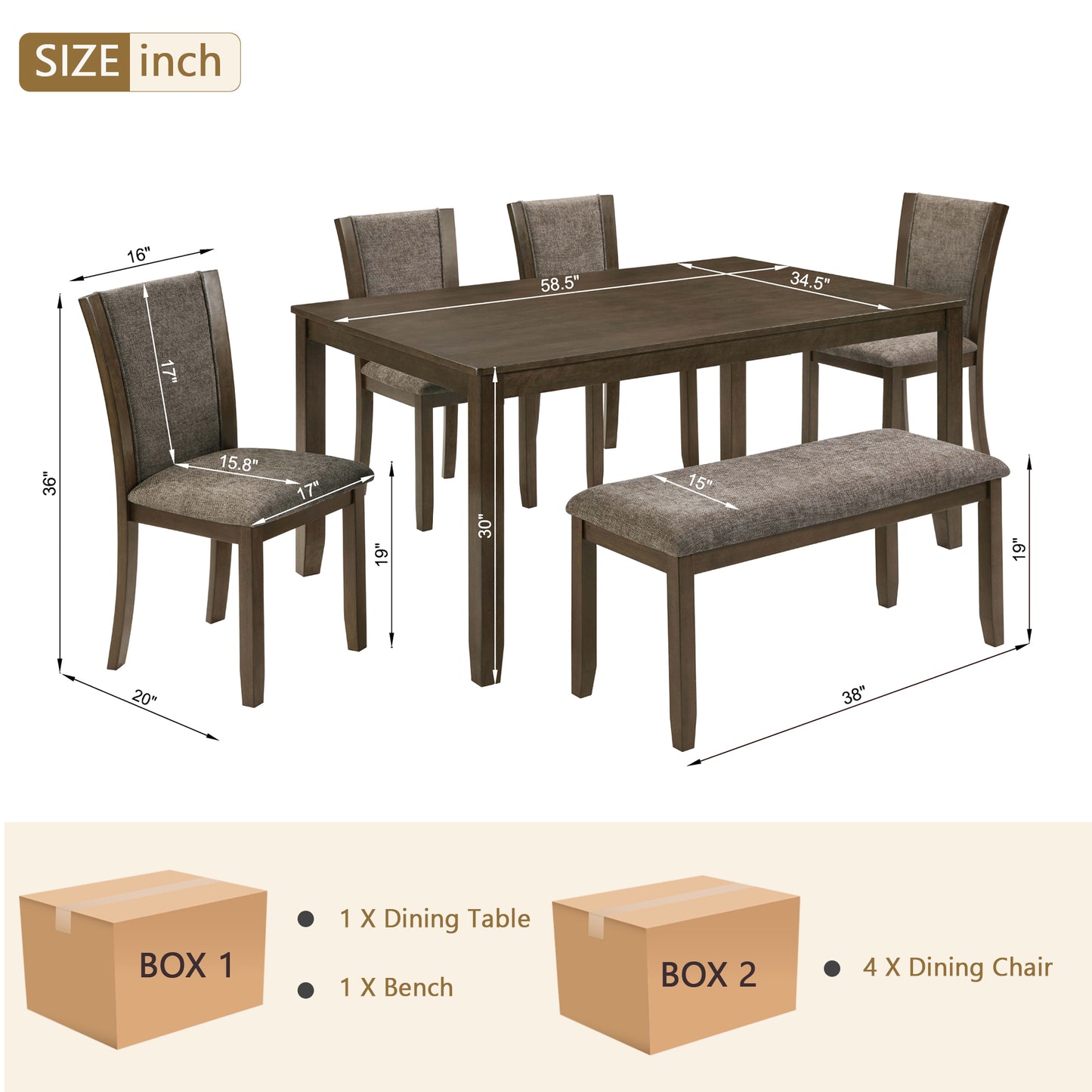 6-Piece Wooden Dining Table Set with Bench and Chairs - Dark Walnut