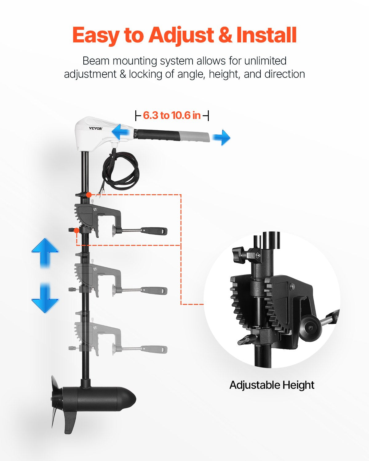 55lb 12V Saltwater Trolling Motor for Kayak with Adjustable Handle