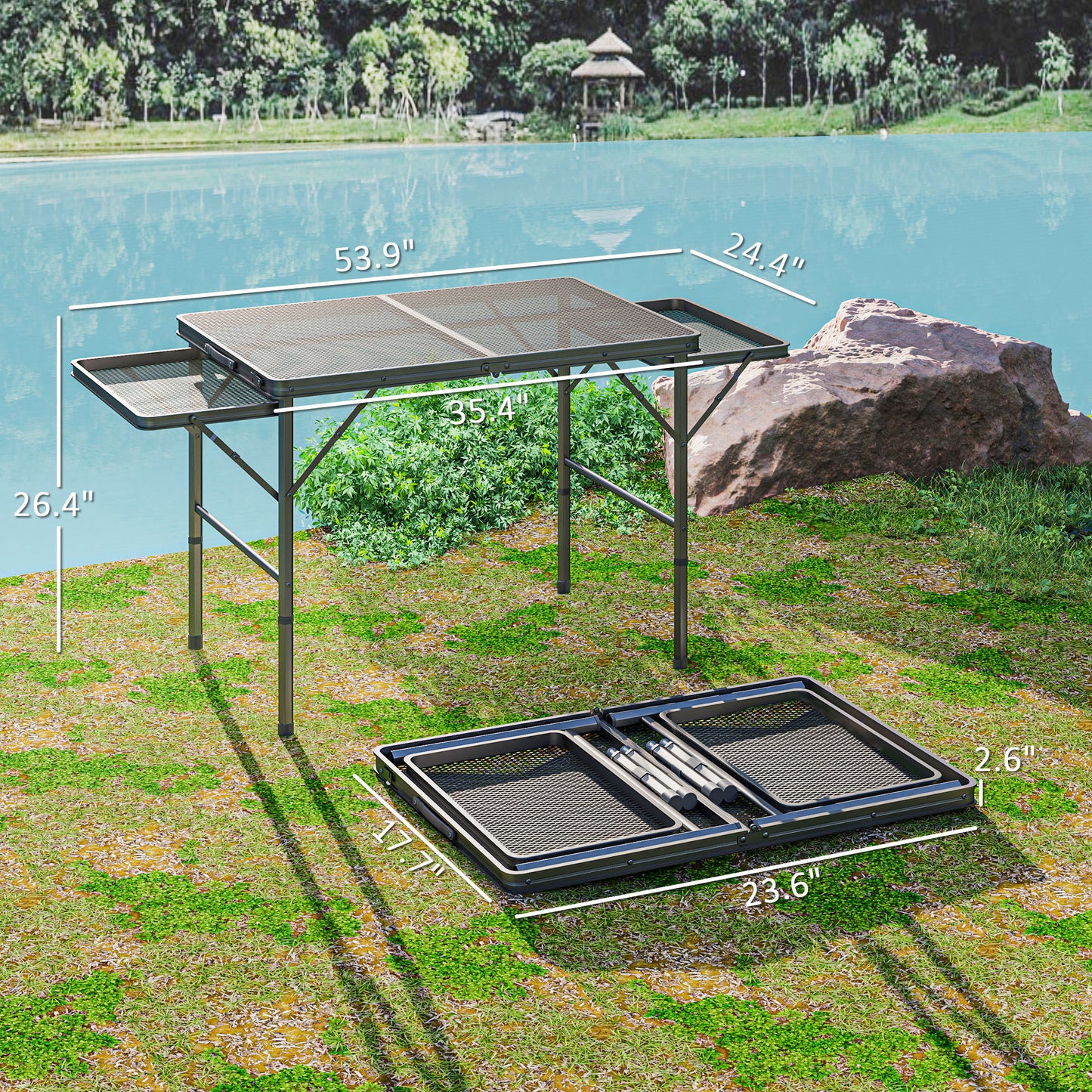 Portable Folding Camping Table - 4.5ft Height Adjustable with Wing Panels - Black