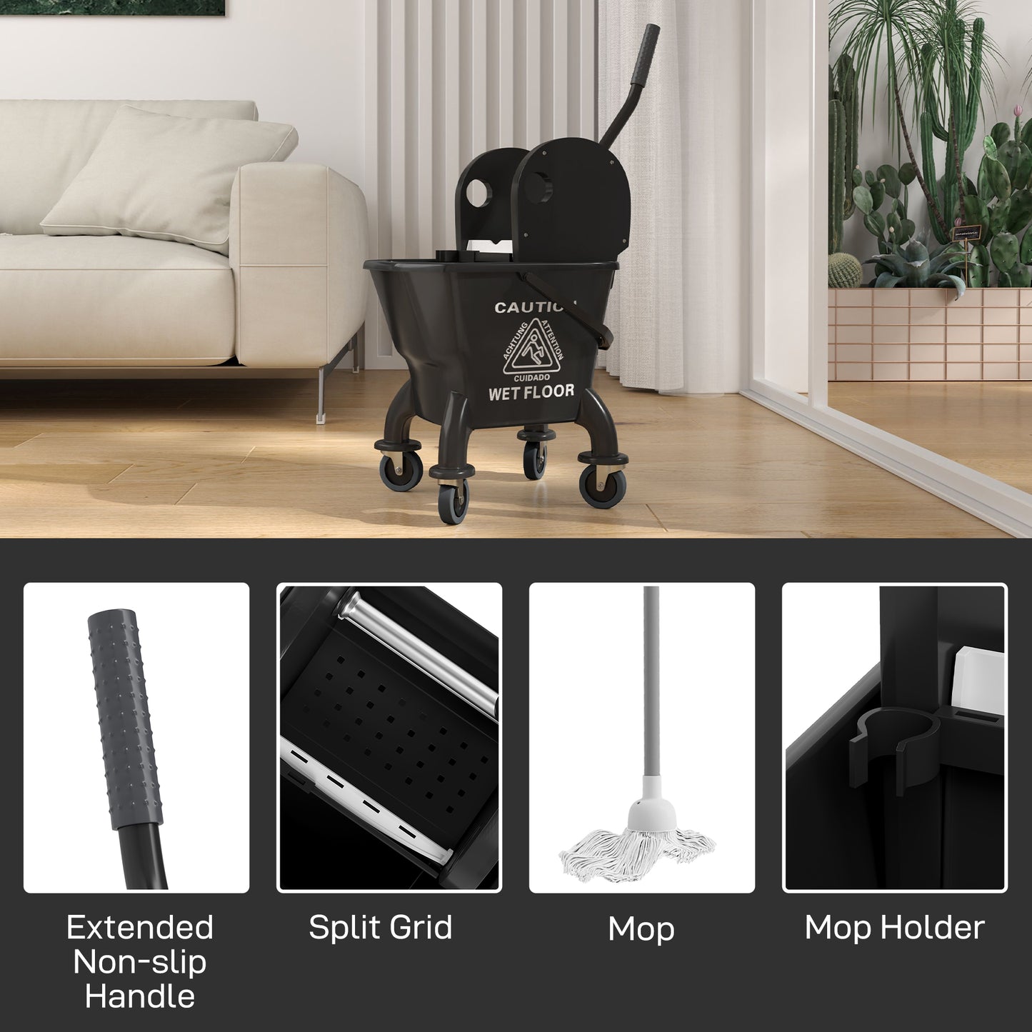 Floor Cleaning Mop Bucket with Wringer and Wheels - 27.5 Quart Black