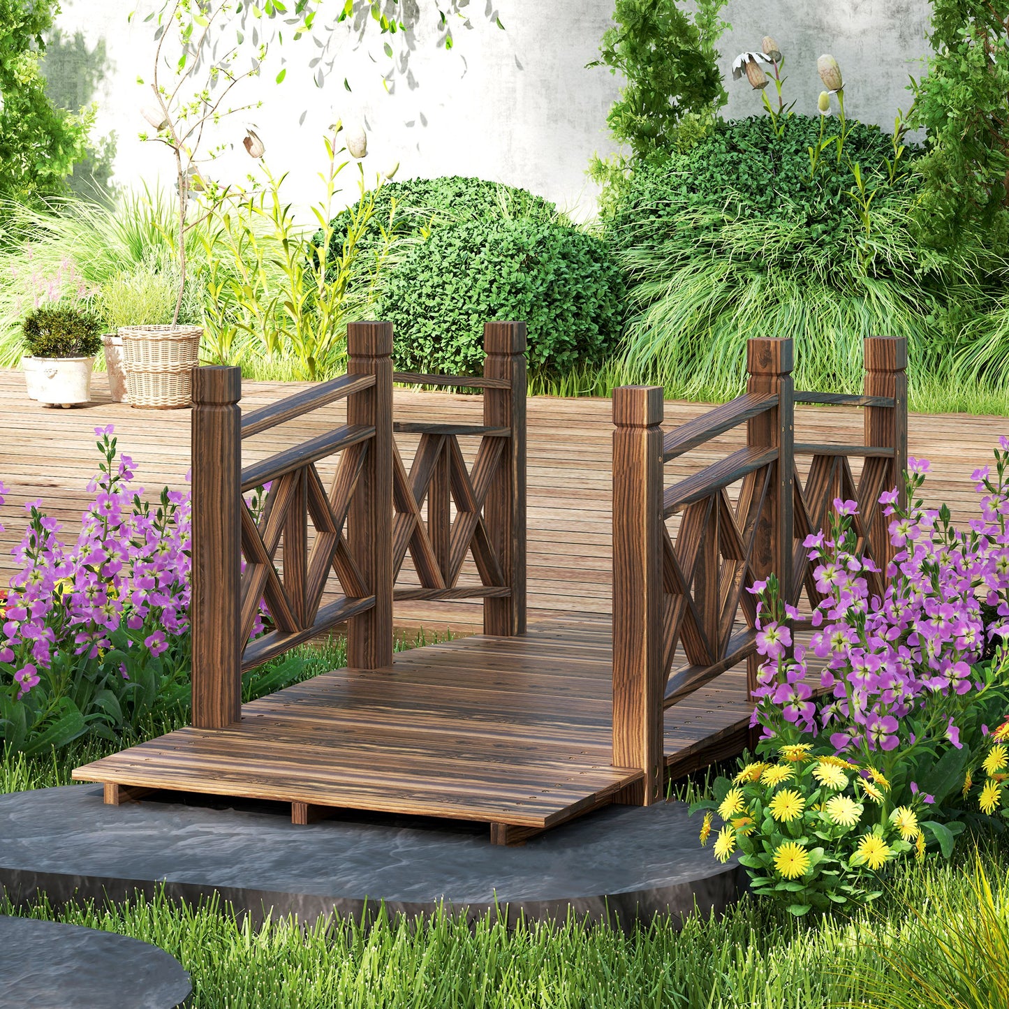 5 ft Wooden Garden Bridge for Ponds and Streams - Rustic Outdoor Footbridge