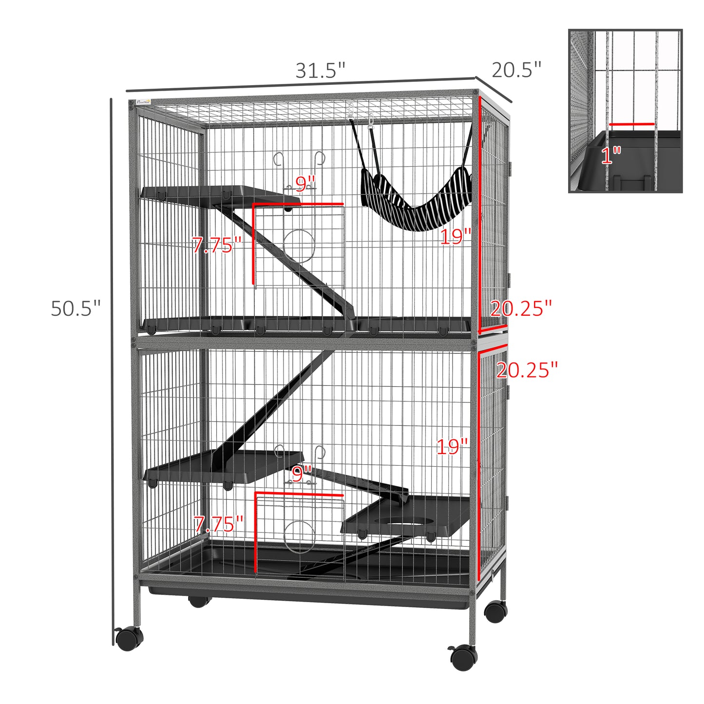 50-Inch Rolling Small Animal Cage with Hammock, Removable Tray for Ferrets & Chinchillas - Gray