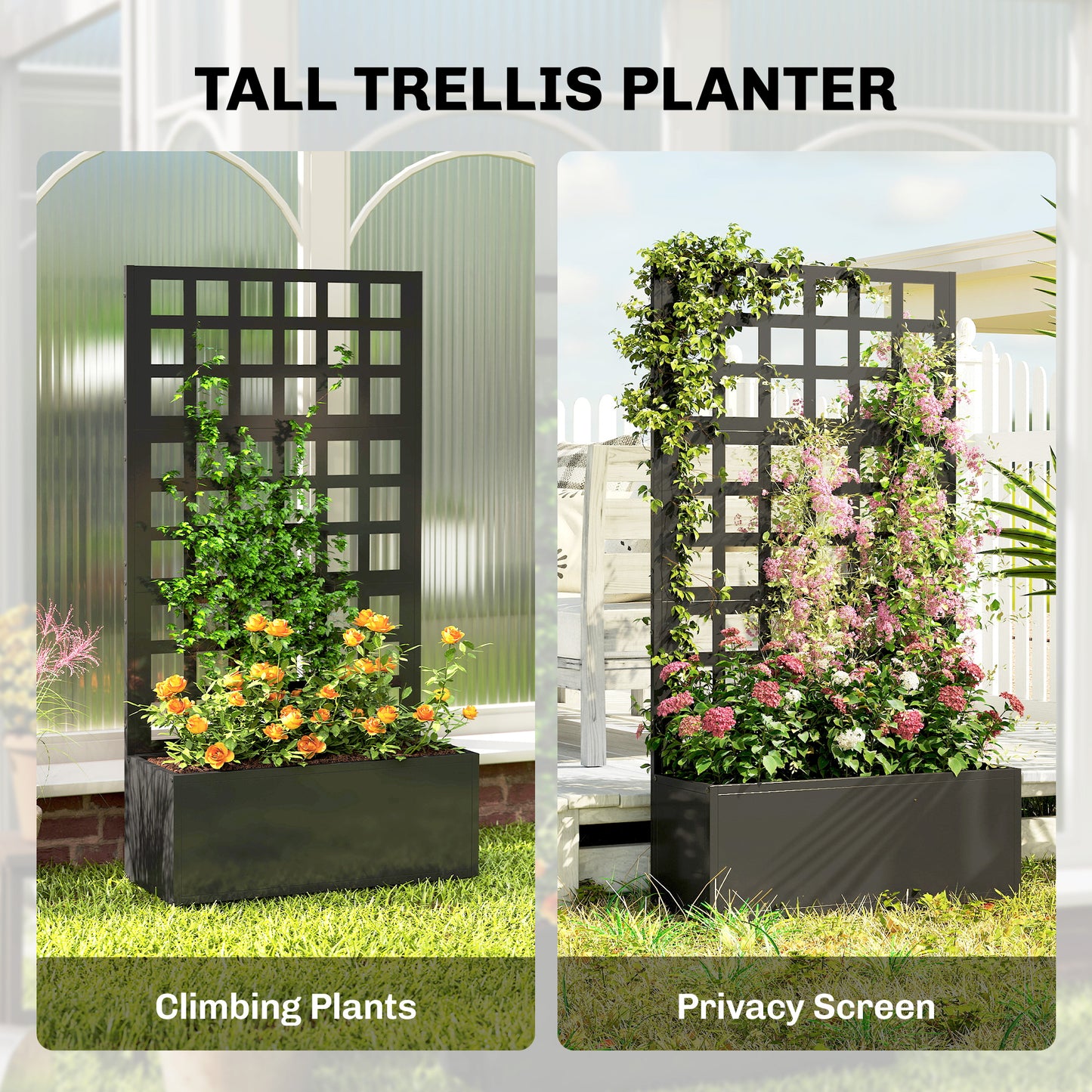 Galvanized Steel Raised Garden Bed with Trellis for Climbing Plants, 24x9x44.5 Inches, Black