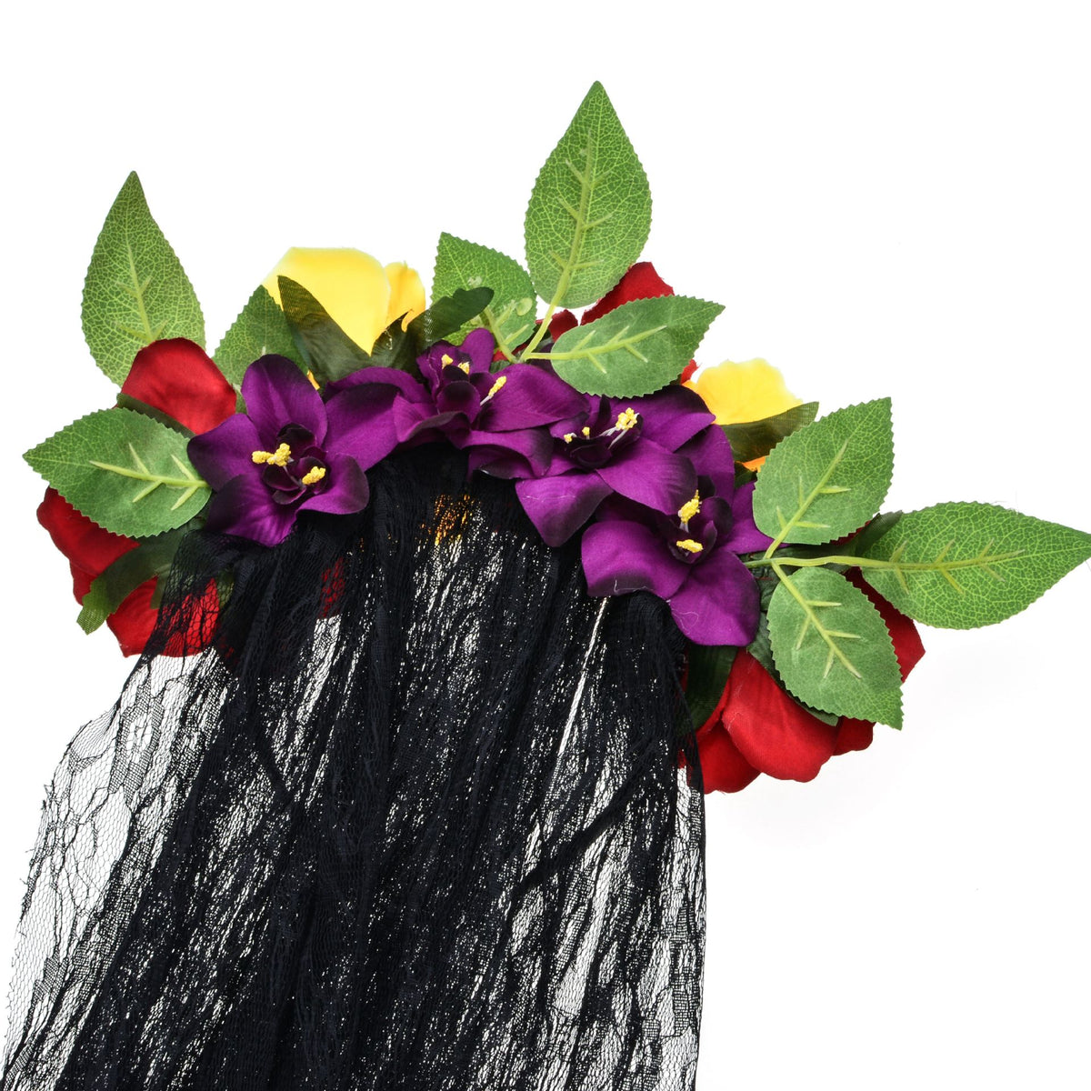 Artificial Rose Flower Headband with Lace Veil