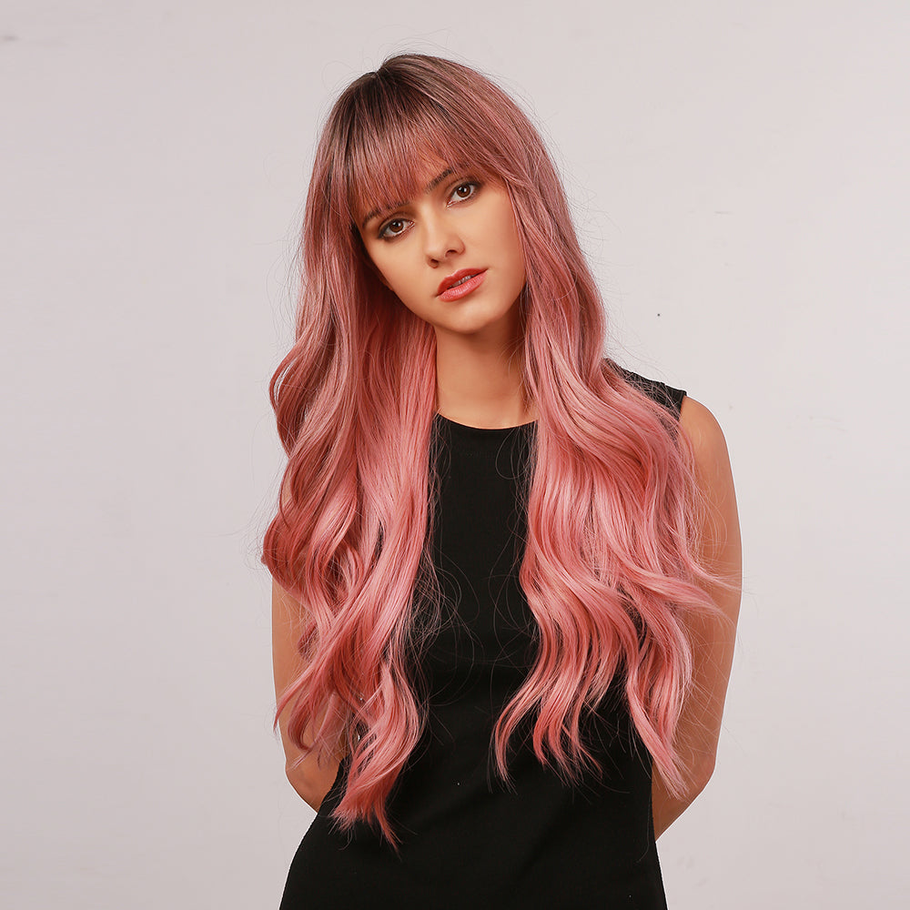 Long Curly Synthetic Wig for Ladies with Pink Gradient Color - Natural Look & Comfortable Fit