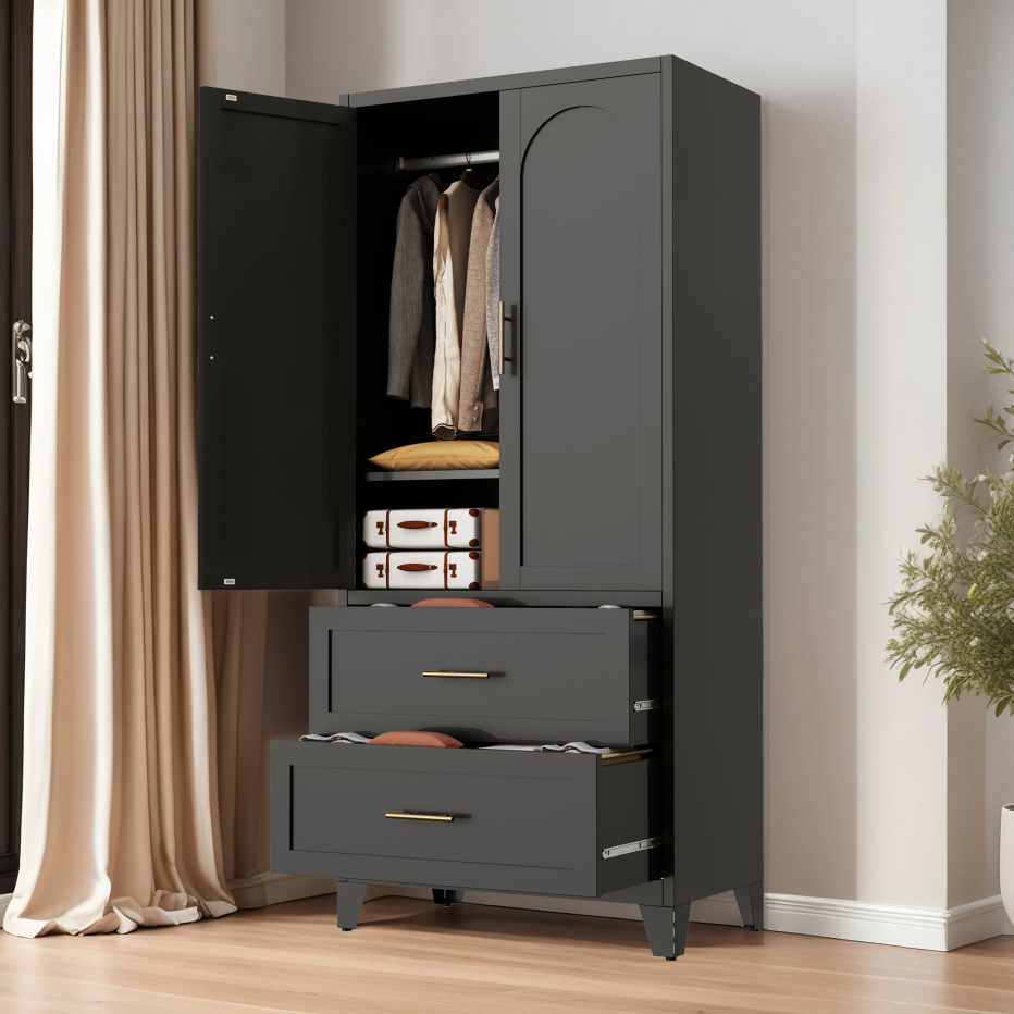 71" Tall Metal Wardrobe Cabinet with 2 Drawers & Shelf - Black