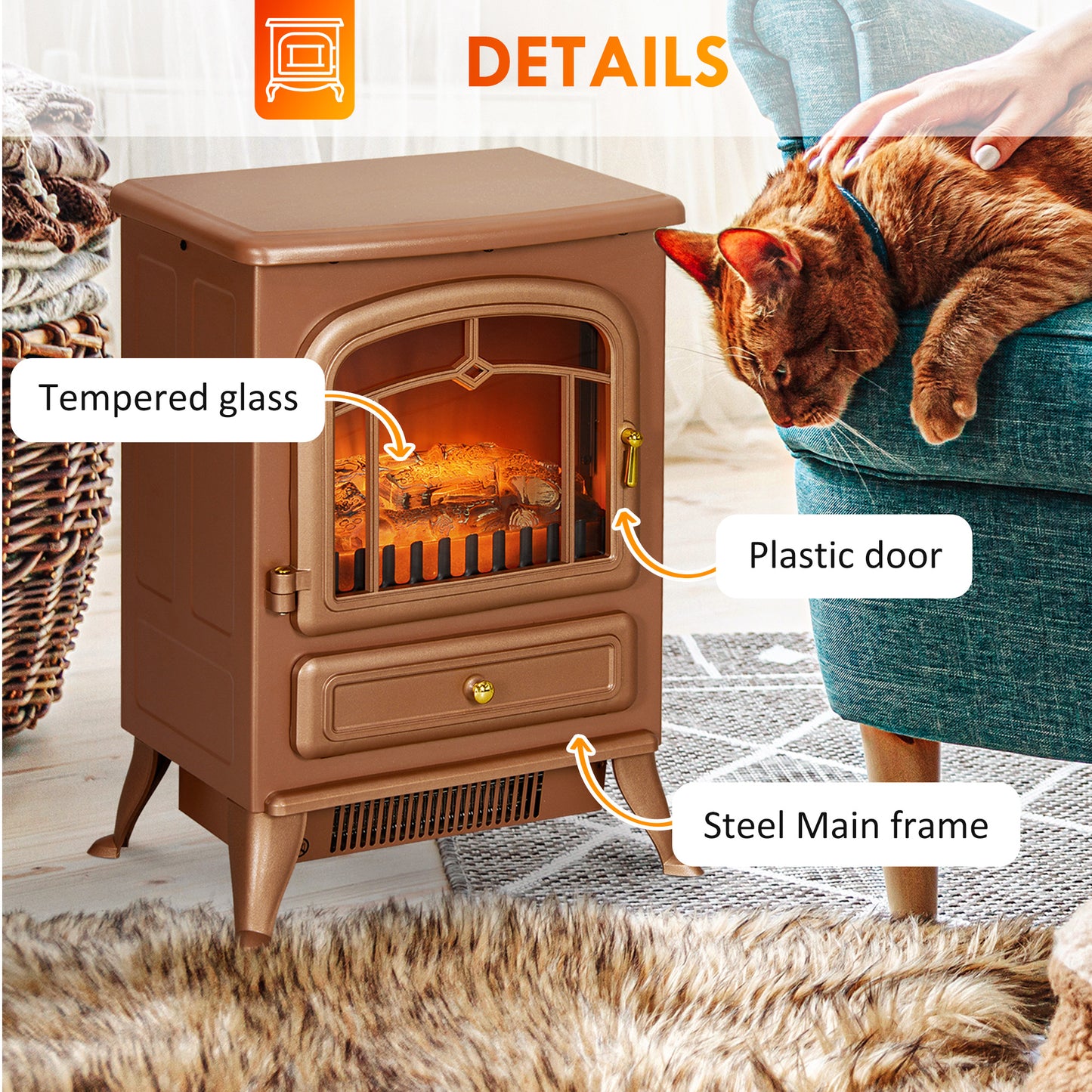 Electric Fireplace Heater with Realistic LED Flames and Logs, 725W/1450W, Dark Brown