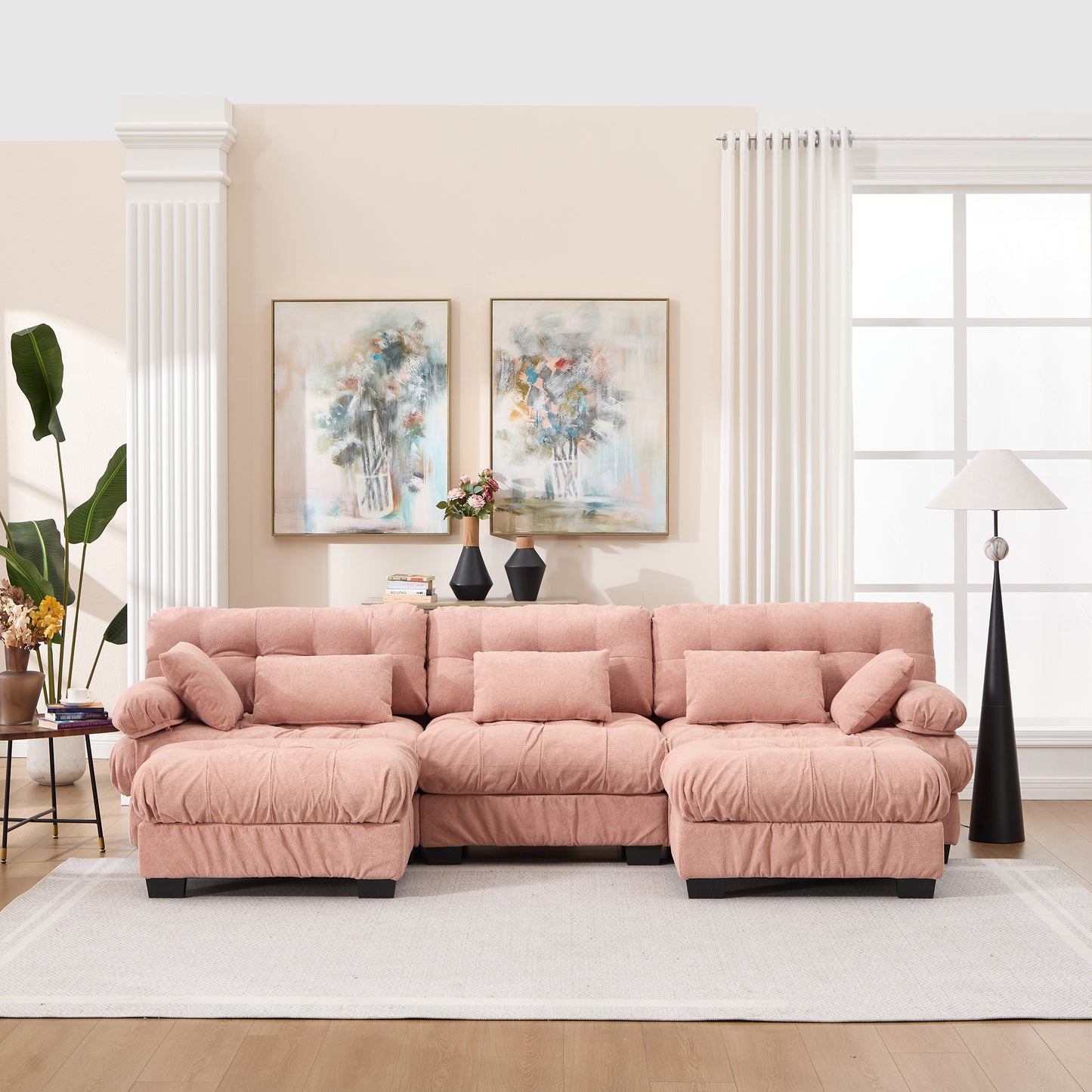 U Shaped Modular Sectional Sofa - Pink Cloud Couch with 5 Pillows