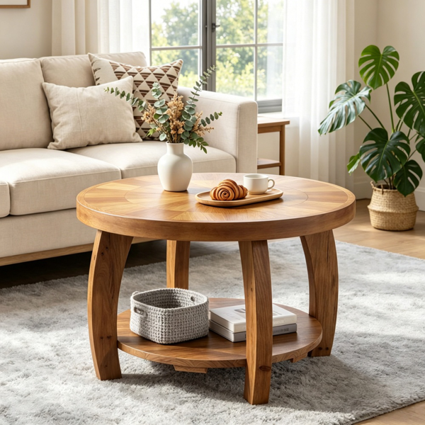 Round Solid Wood End Table with Two-Tiered Storage