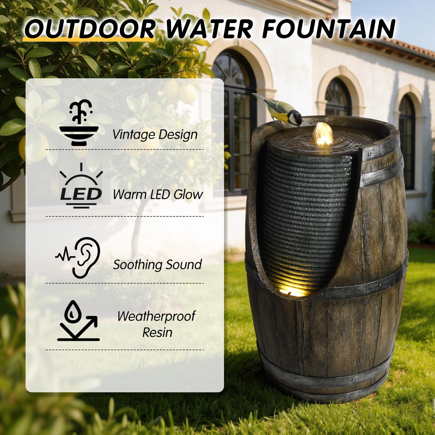 Outdoor Water Fountain with Bird Waterer - Rustic Barrel Garden Feature with LED Lights