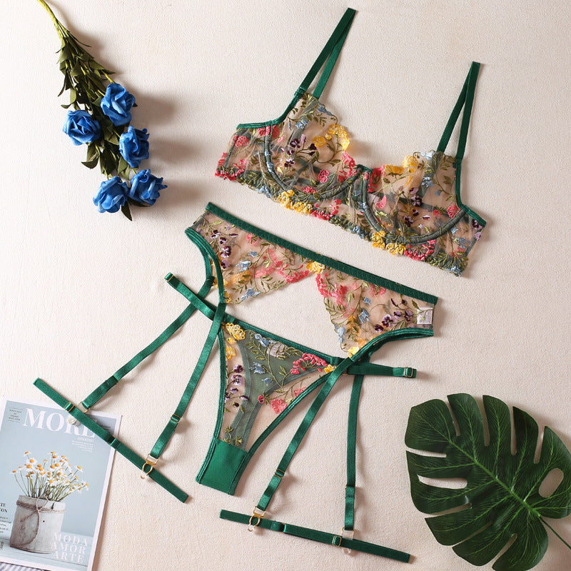Women's Floral Lingerie Garter Set with Panty, Garter Belt & Leg Rings