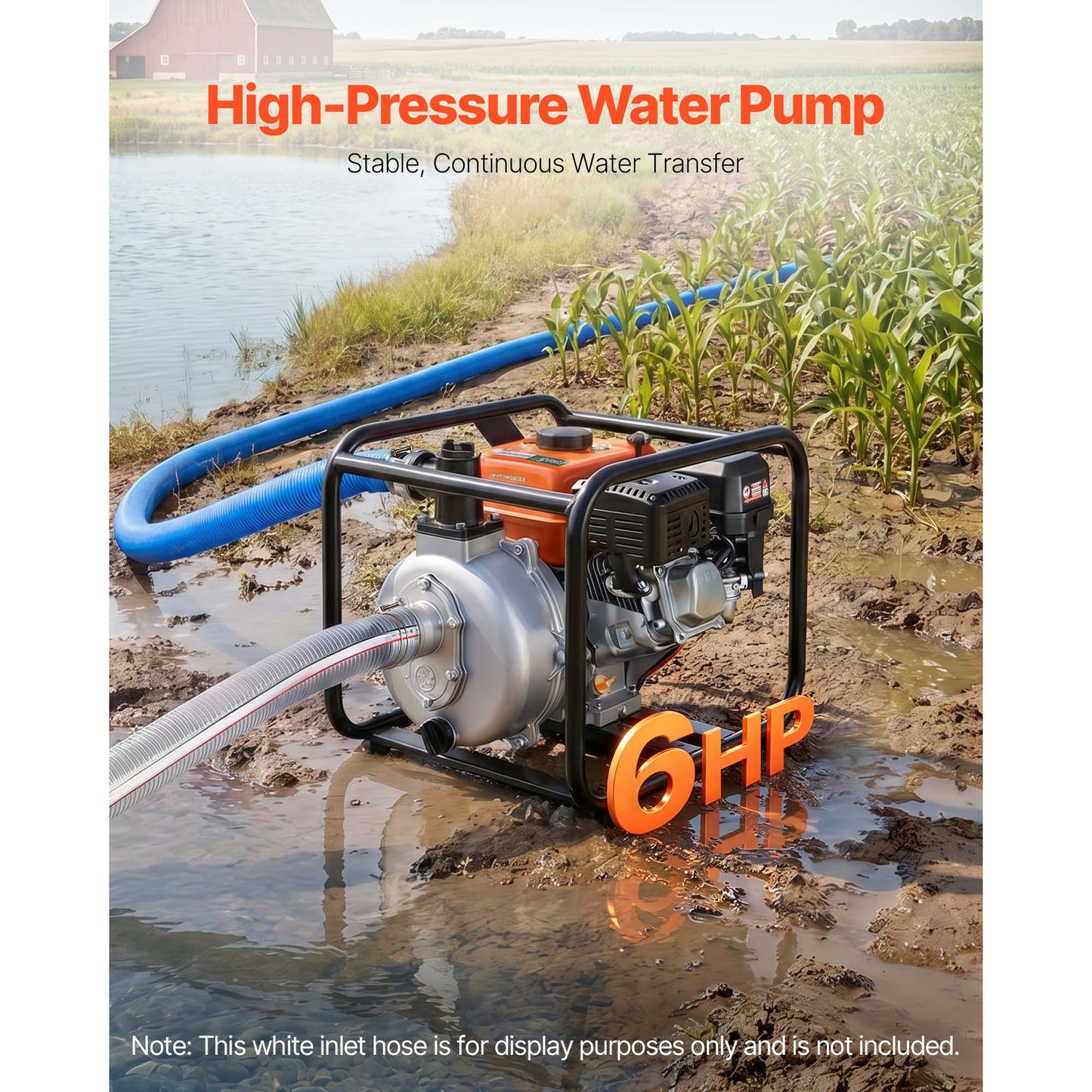 Gas Powered Water Pump 2-Inch 128 GPM 6HP Semi Trash Transfer Pump Portable