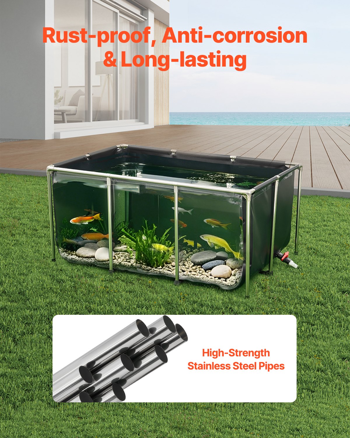 270 Gal Above Ground Fish Pond Tank with Clear Viewing Panel - Durable PVC Frame