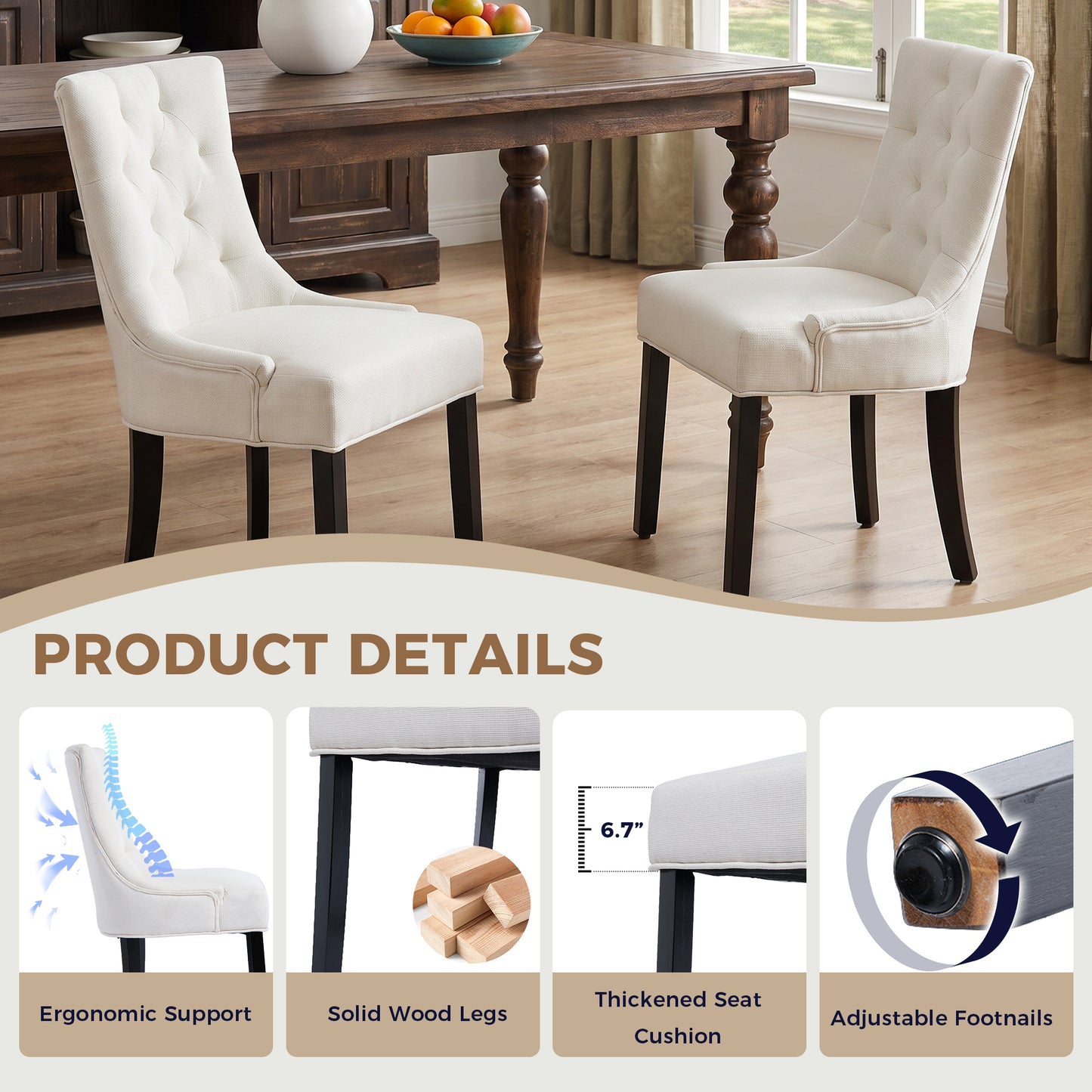 Modern Tufted Dining Chairs - Set of 2 Linen Upholstery Beige