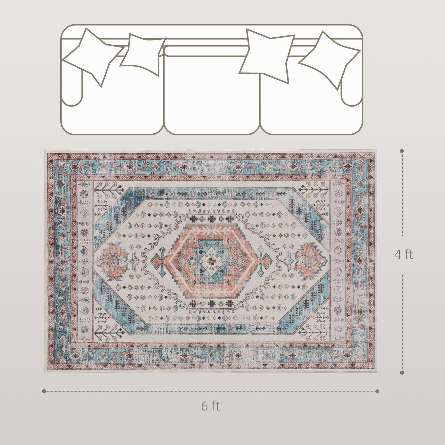 Vintage 4x6 Area Rug - Machine Washable, Non-Slip Carpet for Living Room & Bedroom - Brown & Blue