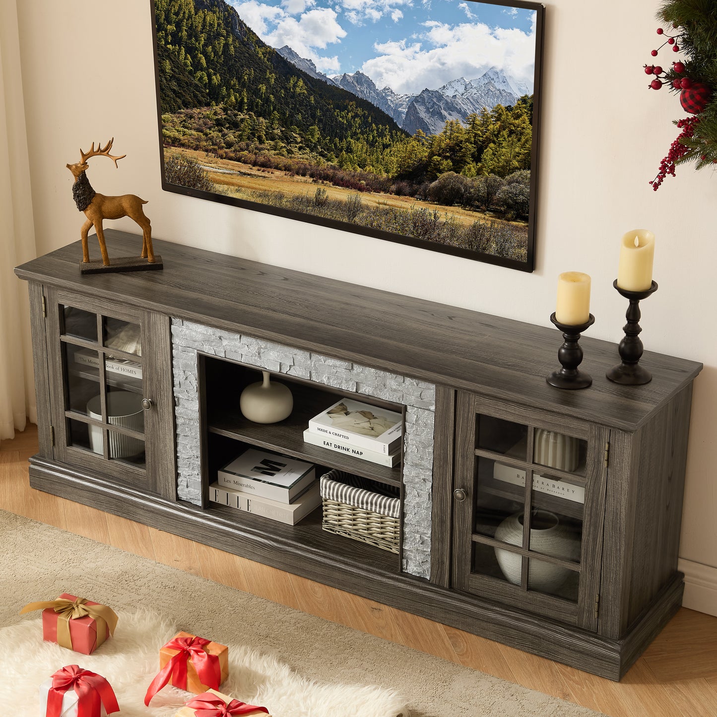 70 Modern TV Stand With 2-Door Storage, Faux Stone Media Console