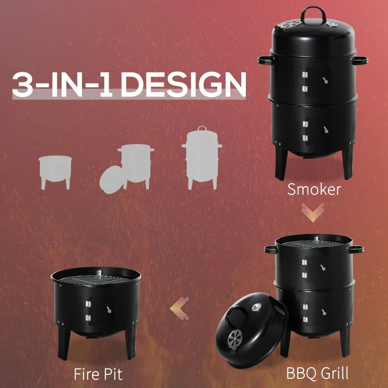 3-in-1 Vertical Charcoal BBQ Smoker Grill with Thermometer