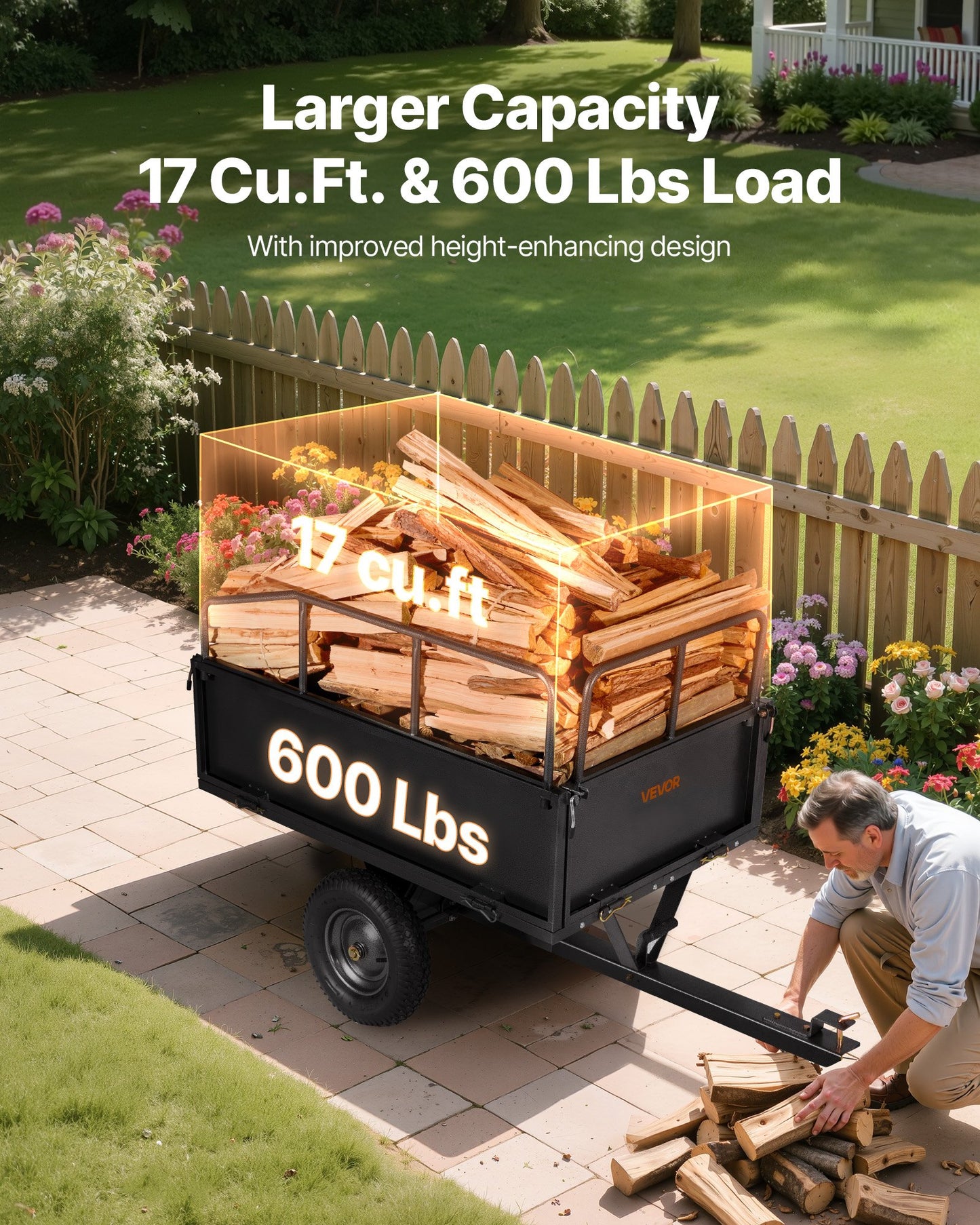 Heavy Duty Steel Dump Cart 17 Cu. Ft 600lb Tow-Behind Garden Trailer