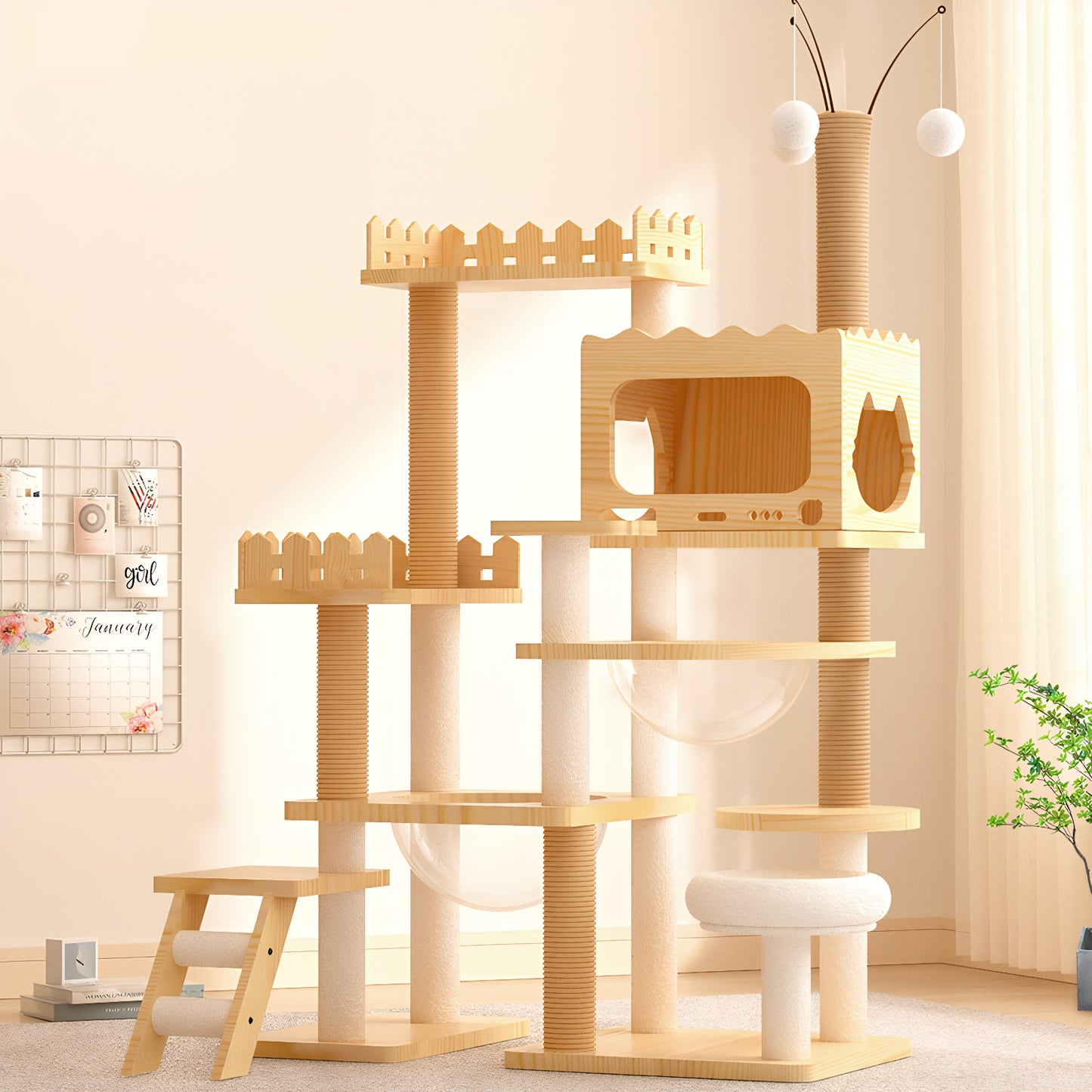 66.9-Inch Modern Wooden Cat Tree Tower with Sisal Posts & Acrylic Hammock