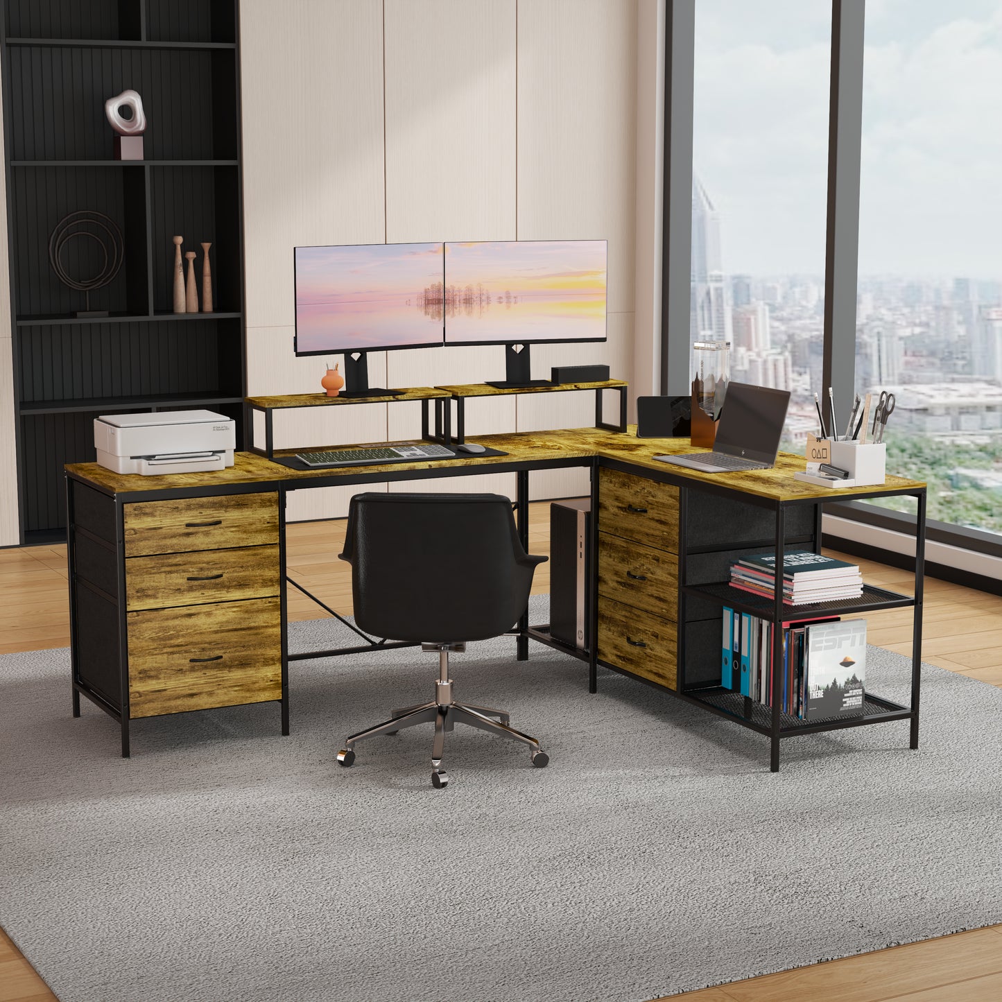 114 L-shaped Desk With Power Hub, Industrial Gaming - 6 Drawers,