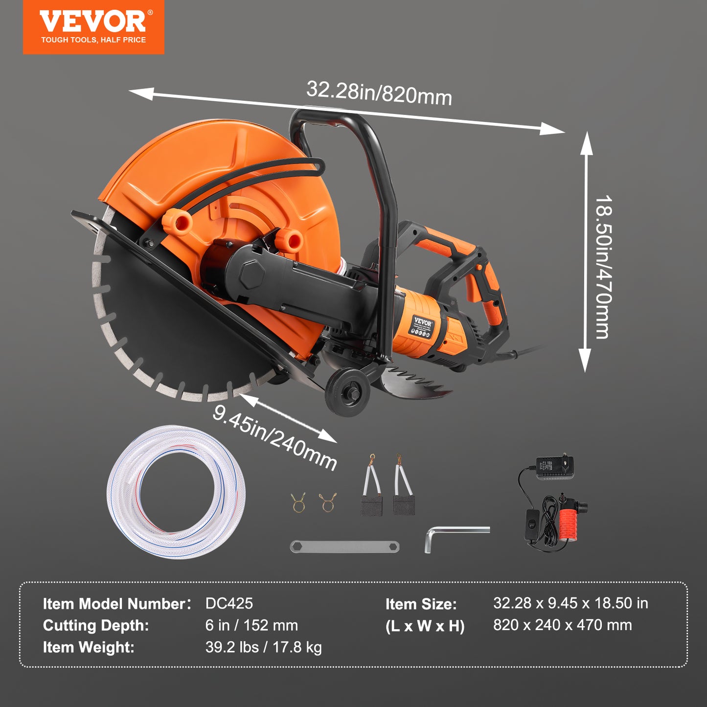 Electric Concrete Saw 16In 3200W Circular Cutter with Adjustable Depth Water Line