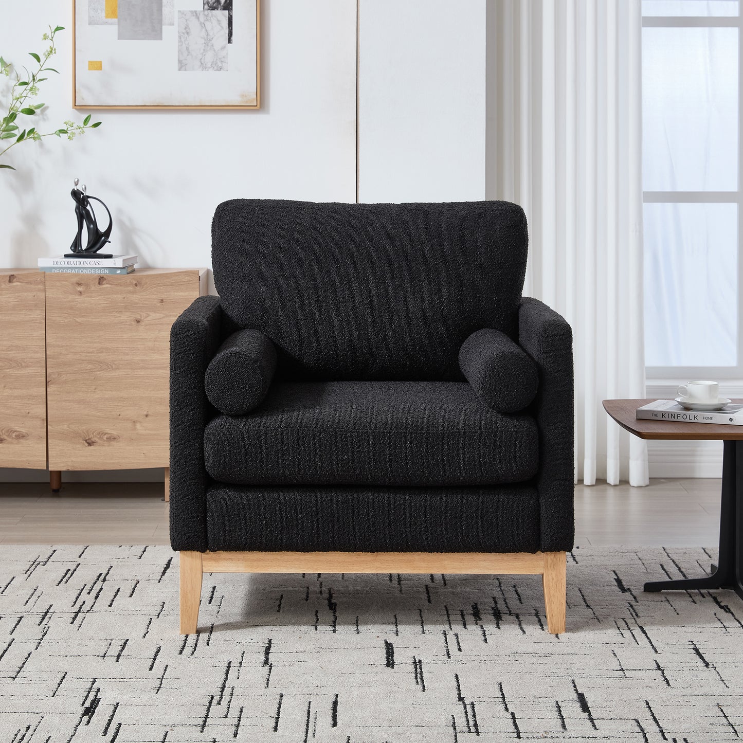Modern Farmhouse Accent Chair with Natural Wood Legs - Black Boucle
