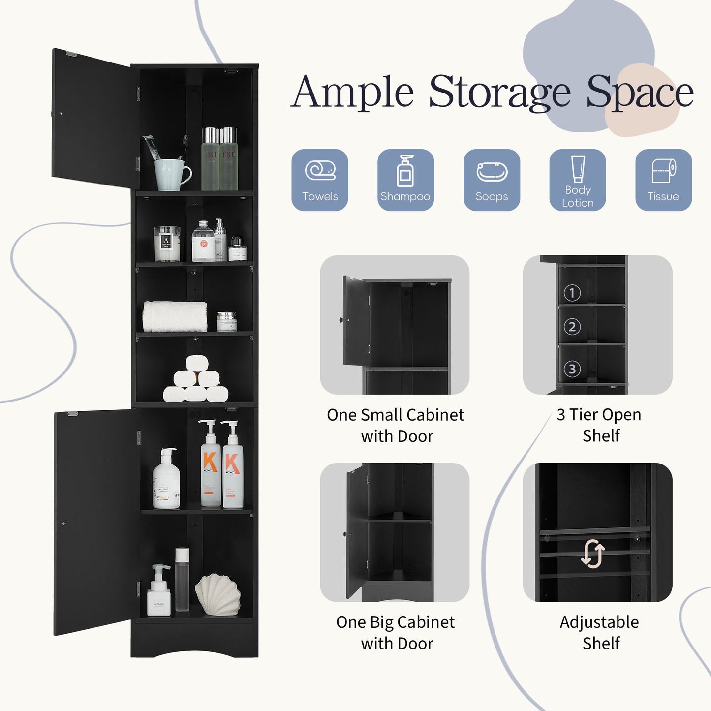 Tall Bathroom Corner Cabinet with Adjustable Shelves - Black