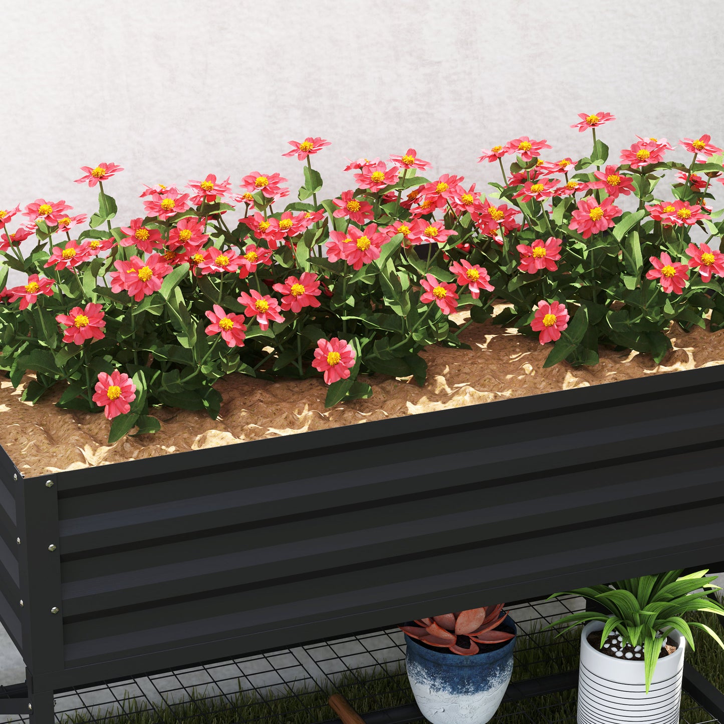 Galvanized Raised Garden Bed with Legs and Storage Shelf - Dark Gray, 1180x360x95mm