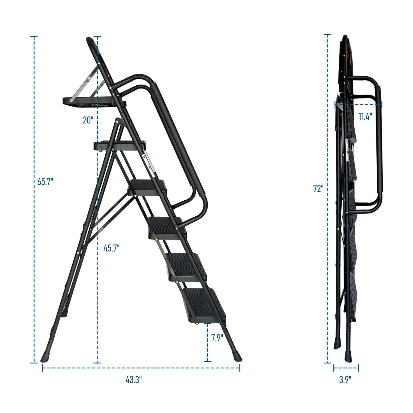 Folding Step Ladder with Wide Anti-Slip Pedal - Black