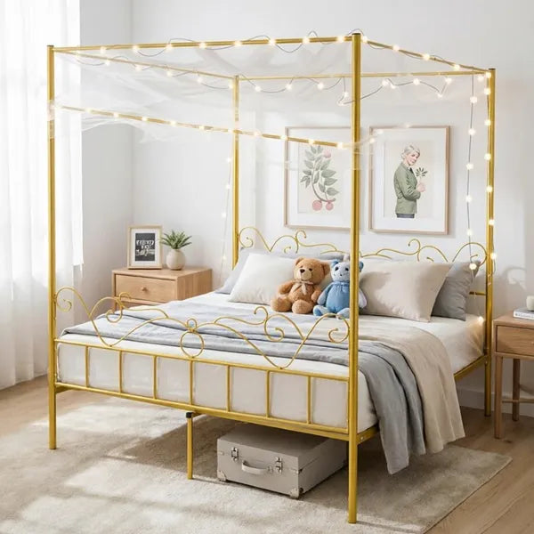 Sturdy Canopy Bed Frame with Storage Space - Queen Size