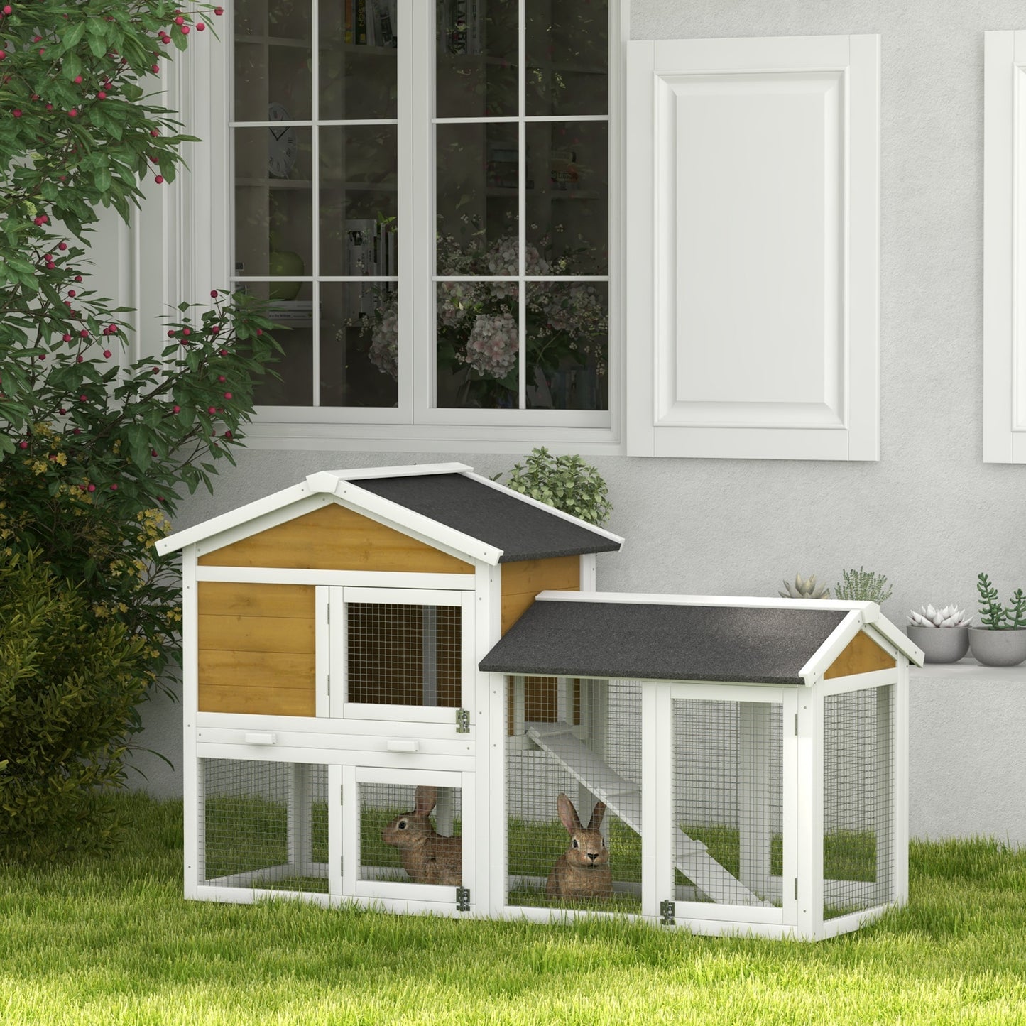 58-Inch Wooden Rabbit Hutch with Run and Removable Tray - Natural Wood