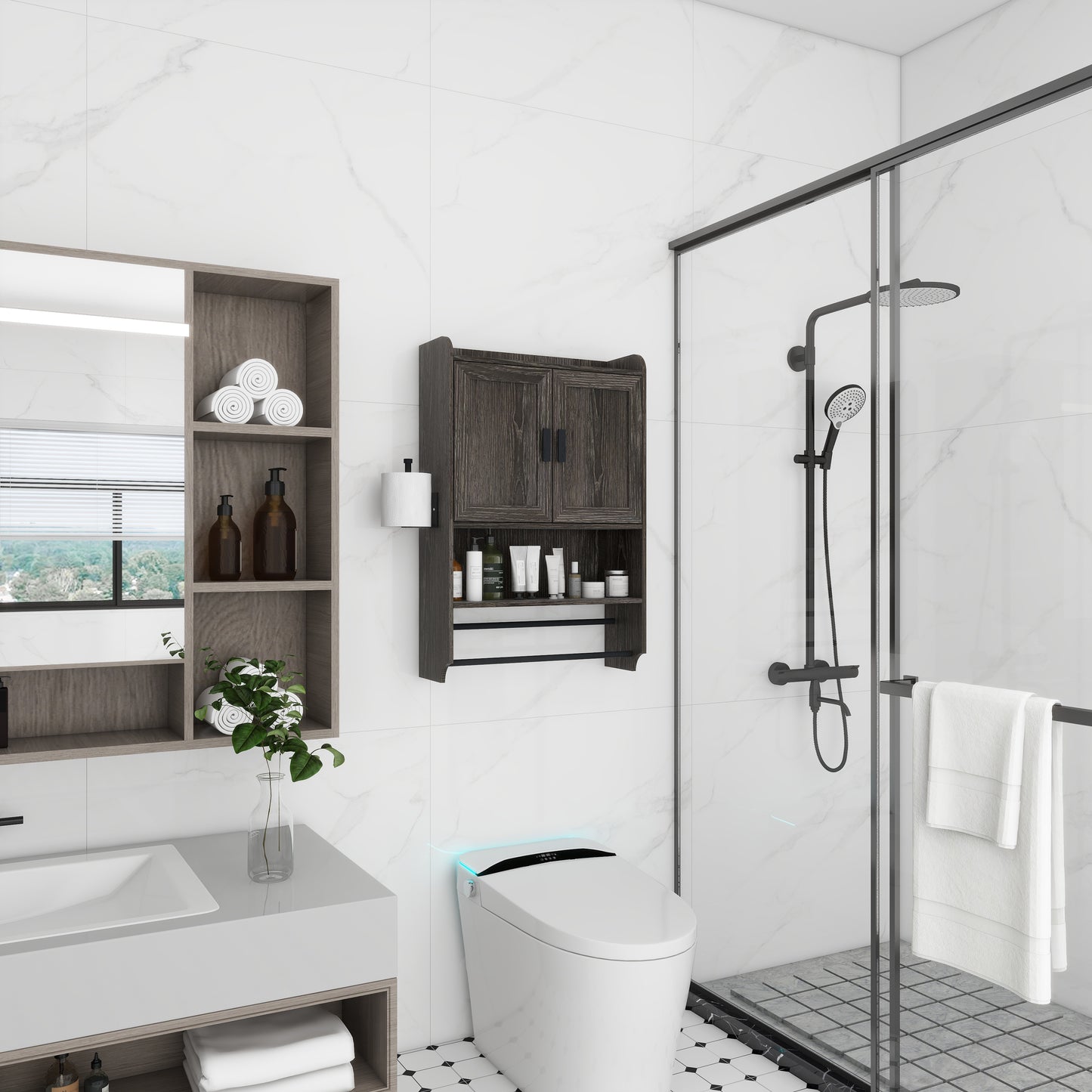 Over-The-Toilet Bathroom Wall Cabinet with Adjustable Shelf - Grey