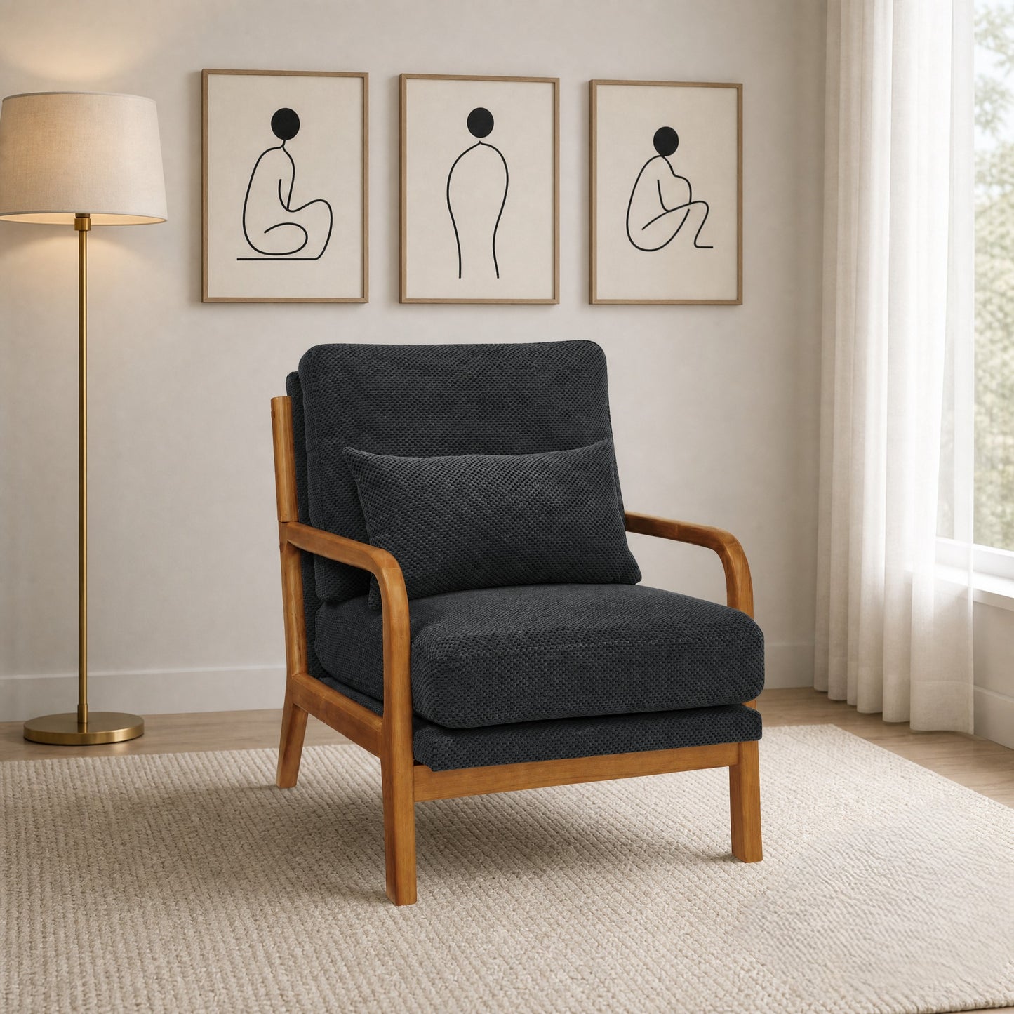 Mid-Century Modern Wooden Lounge Chair - Dark Gray Fabric