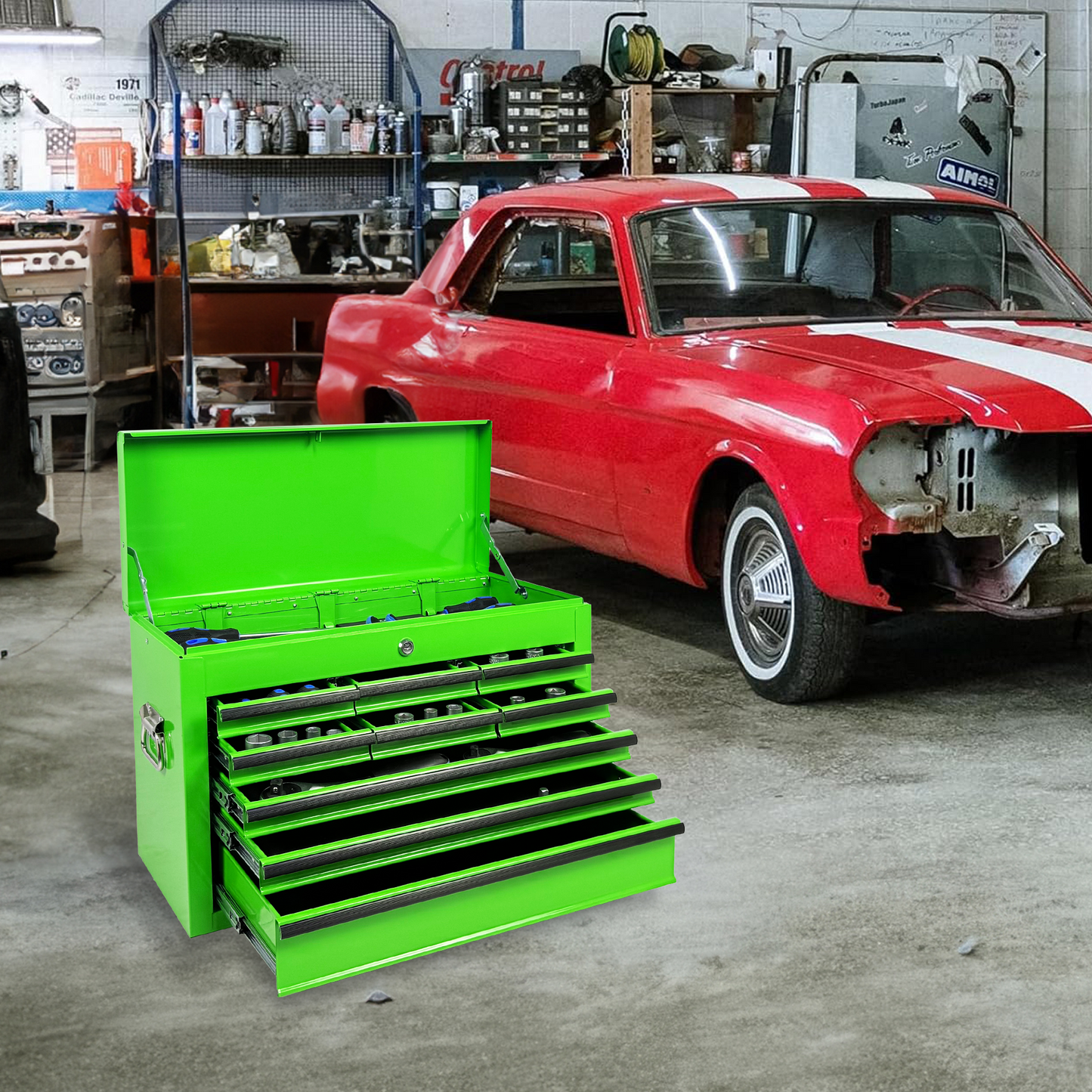 Heavy Duty Metal Tool Box 24 Inch with 9 Drawers - Portable Steel Organizer in Green