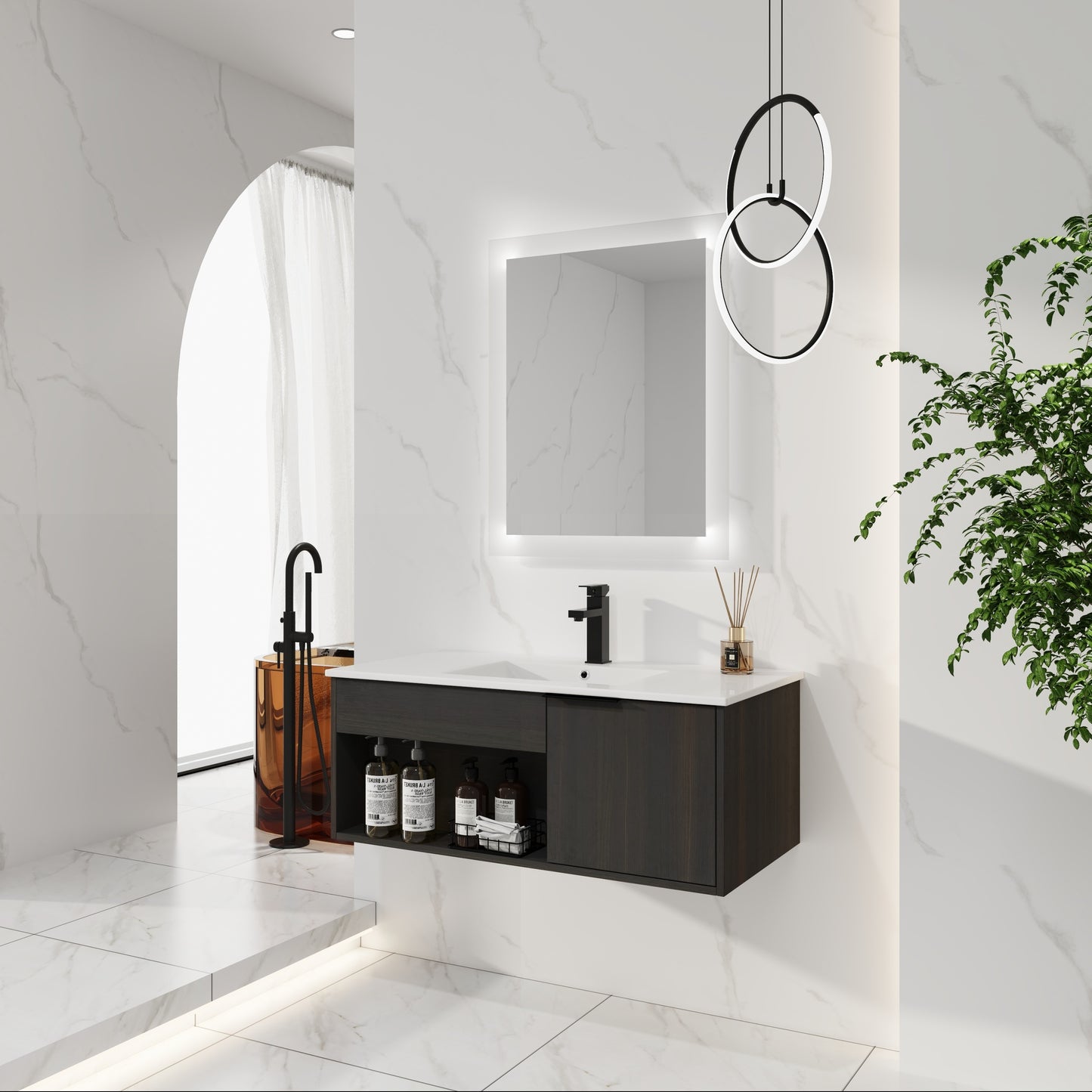36" Wall-Mounted Bathroom Vanity with Ceramic Sink - Dark Oak