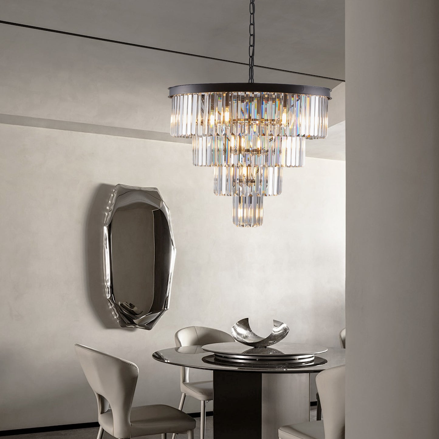 24-Inch Modern Crystal Chandelier Ceiling Light for Dining & Living Room - Black