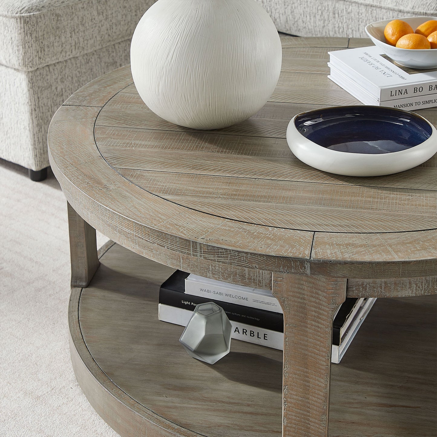 40-Inch Curved Round Wooden Coffee Table with Wheels - Light Brown