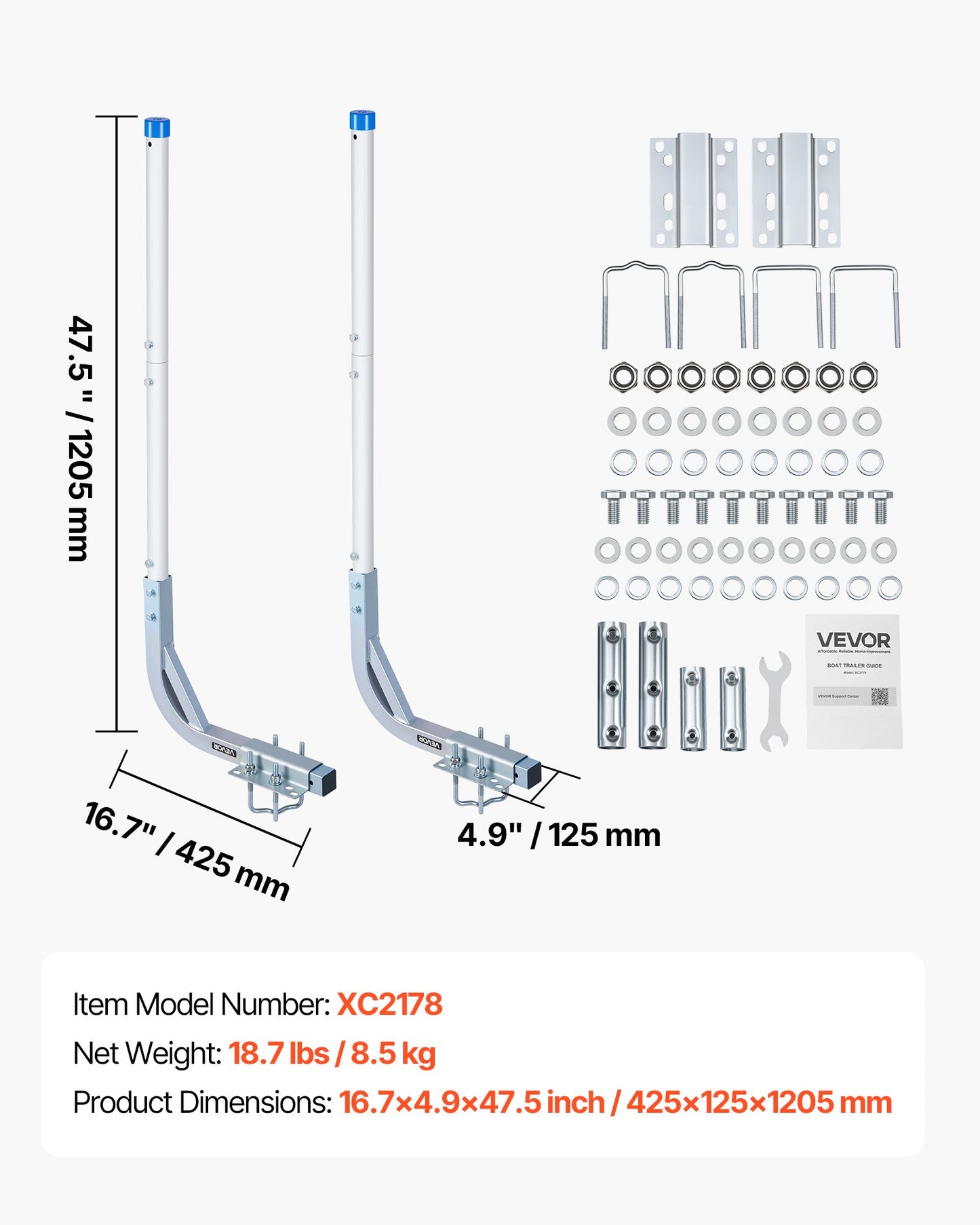 Boat Trailer Guide Poles - Adjustable Steel & PVC, 30.5/47.5 Inch Height, 2PCS for Ski & Fishing Boats
