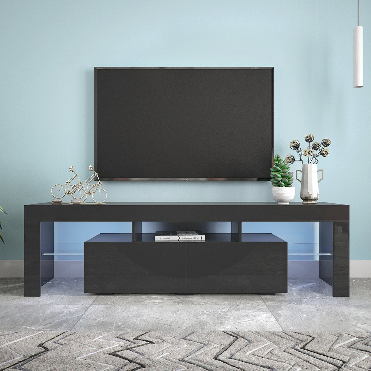 Modern Black TV Stand with LED Lights & Remote Control - 63"