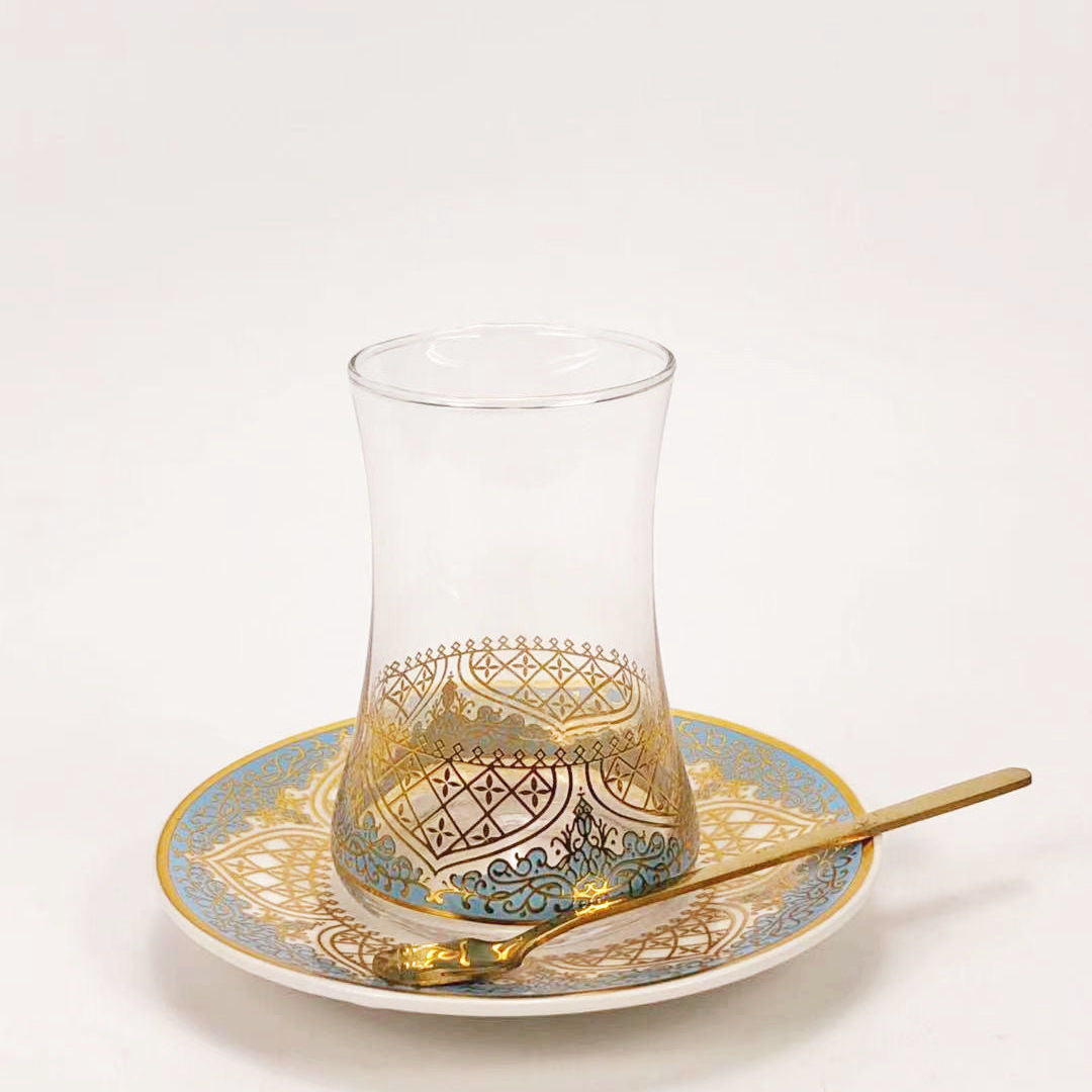 Turkish Glass Coffee and Tea Cup Set with Saucer and Spoon - Exotic Drinkware