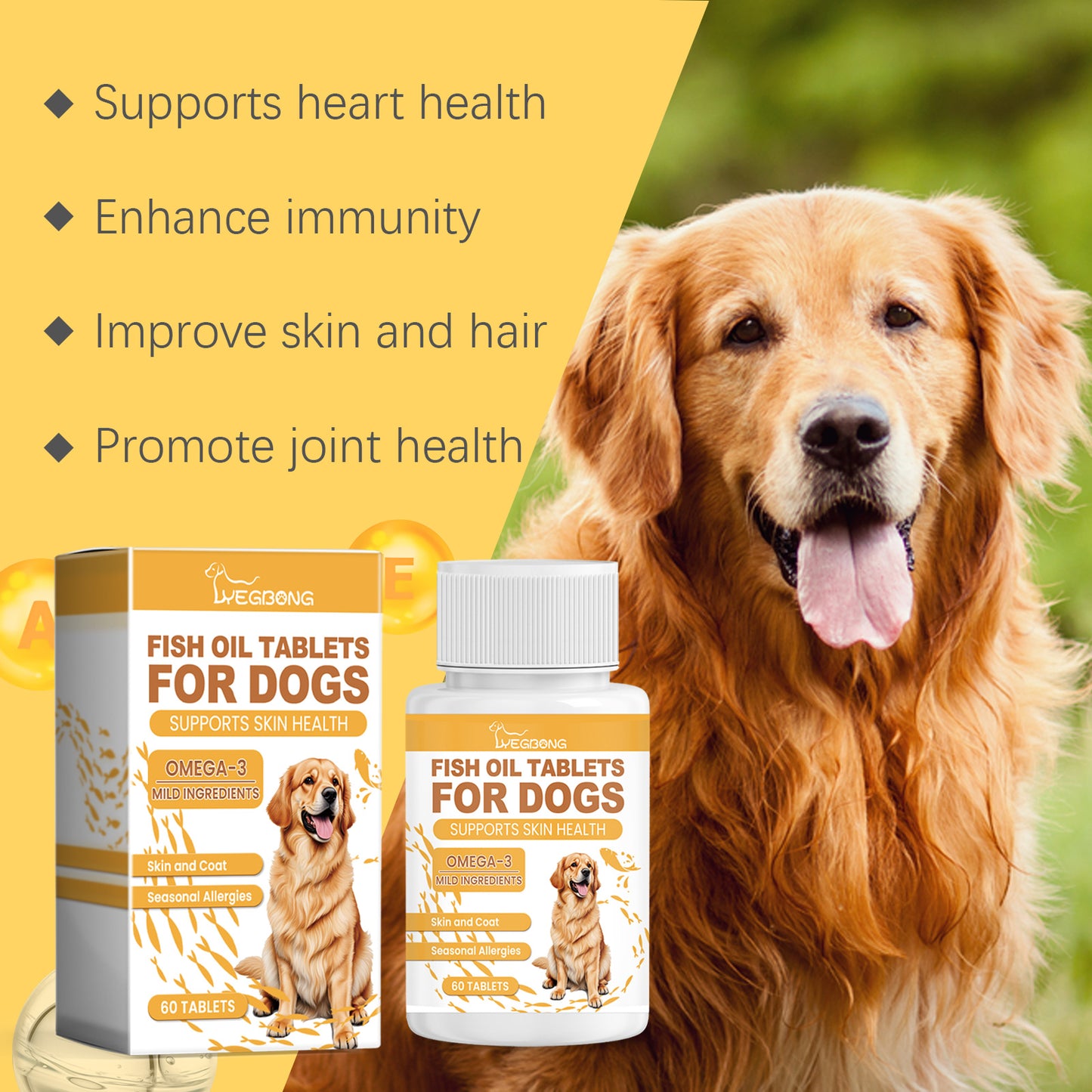 Dog Fish Oil Chewable Tablets - Skin Coat Support for Allergies & Digestion, 60 Count