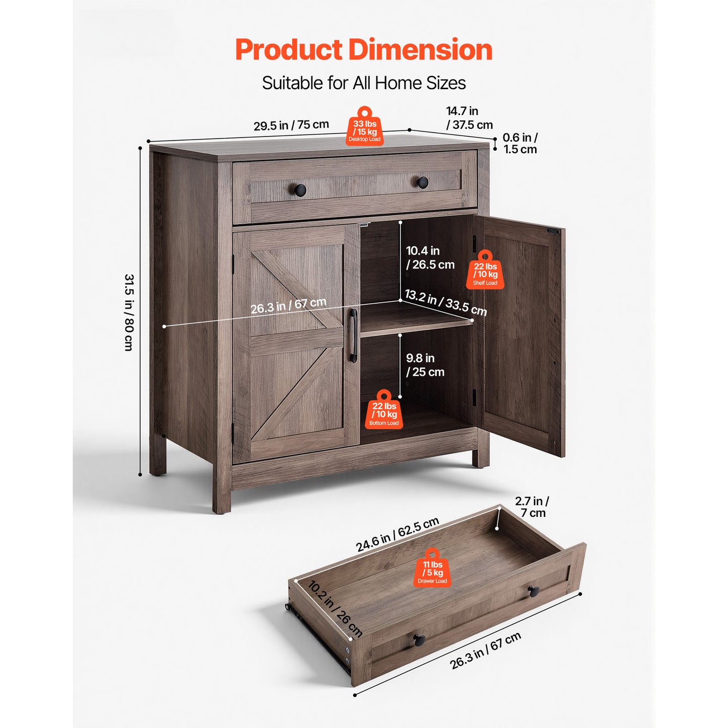 Farmhouse Coffee Bar Cabinet with Drawer and Barn Doors - Grey Kitchen Storage
