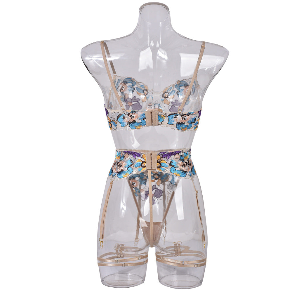 Gather Perspective Embroidery 5-Piece Lingerie Set for Women - Purple & Apricot