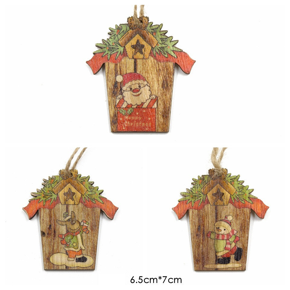 Wooden House Shape Santa Elk Christmas Pendant Set - Festive Decor