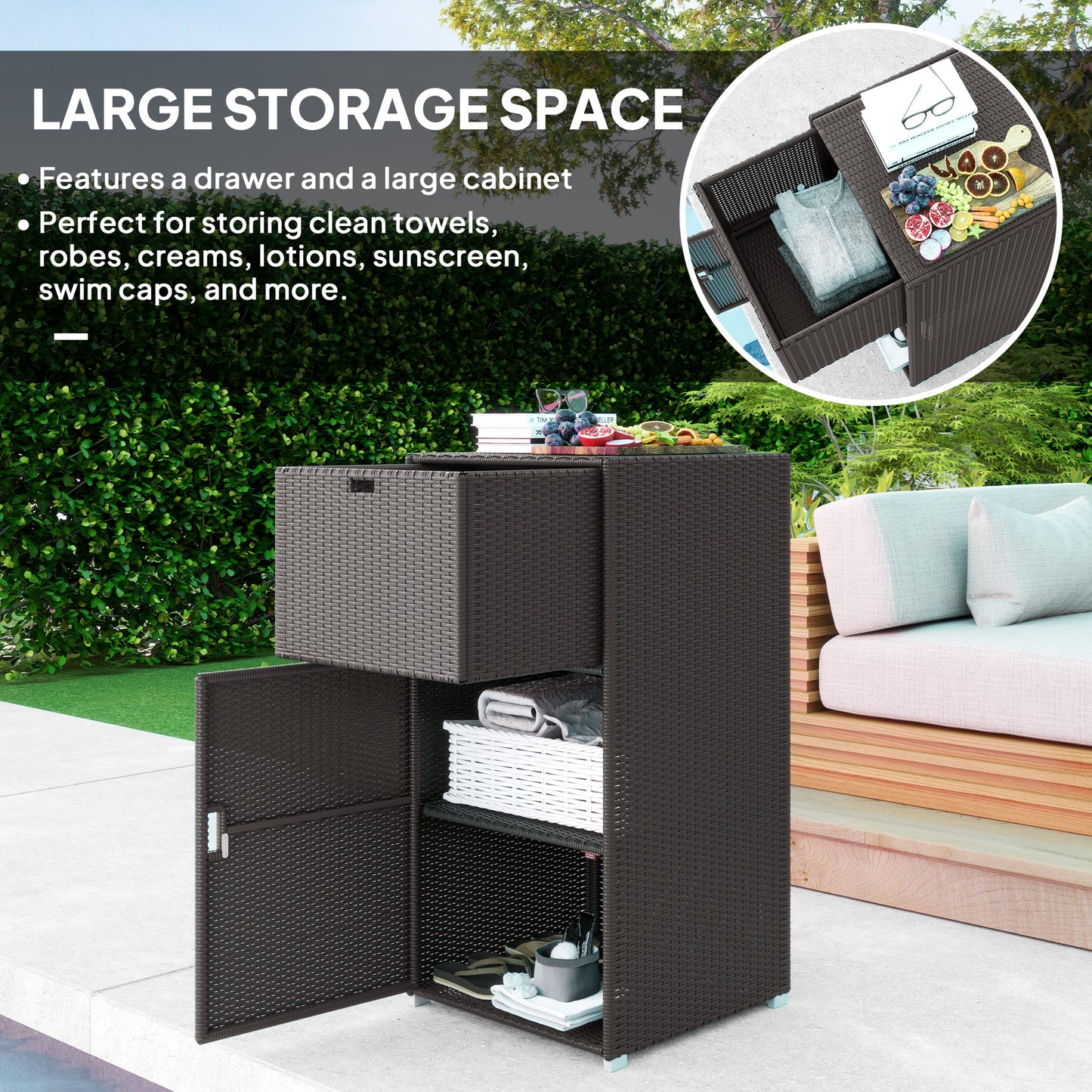 Outdoor Towel Rack For Pool W Drawer & Cabinet, Dark Brown