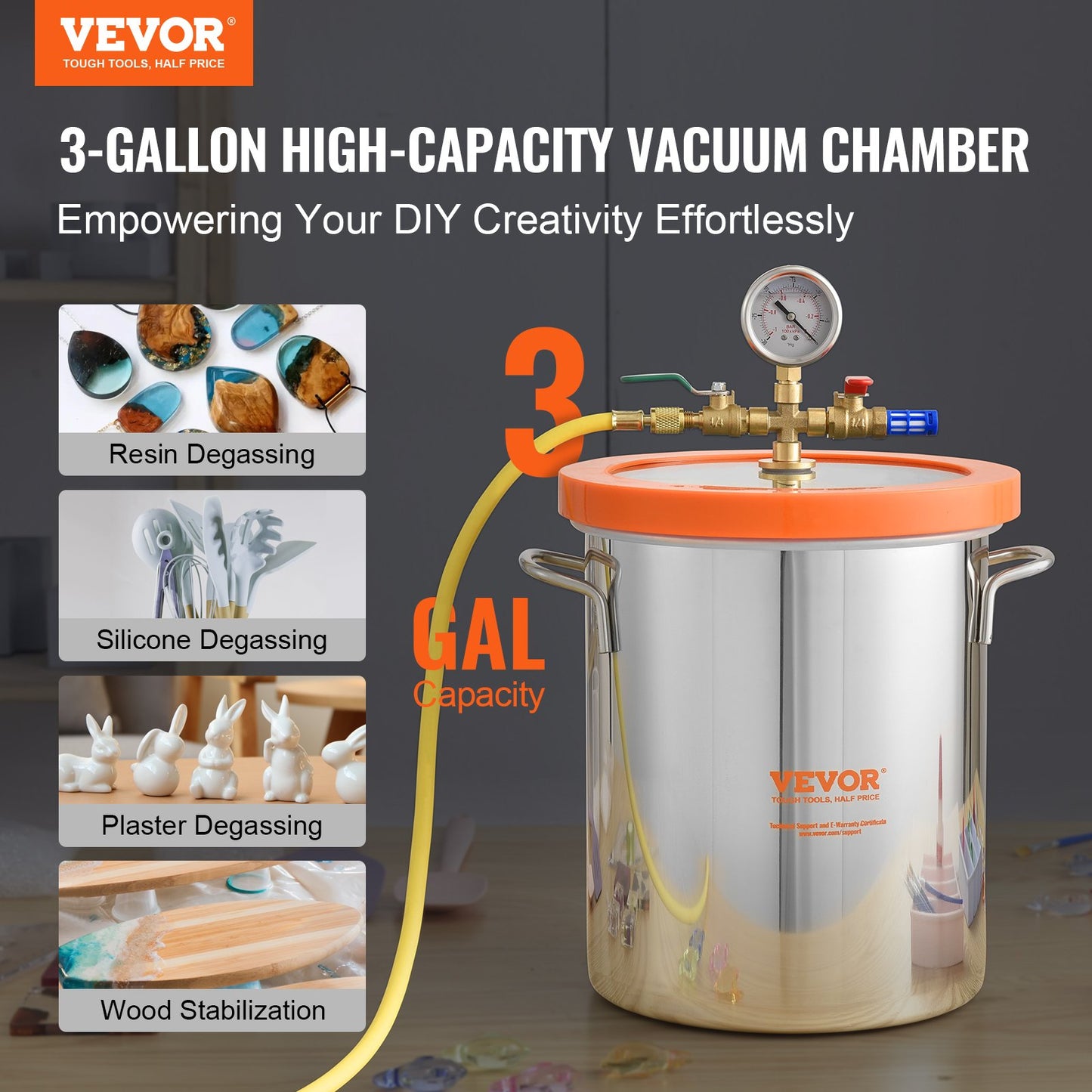 3 Gallon Vacuum Chamber with Tempered Glass Lid and Stainless Steel Body for Resin, Wood, and Silicone Degassing