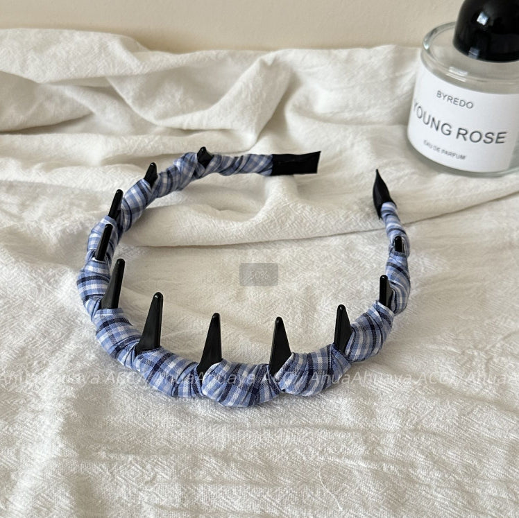 Plaid Toothed Hairband Navy Blue Mixed Material - 1 Piece