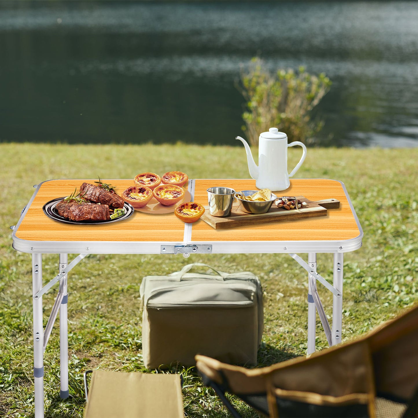 3ft Aluminum Alloy Folding Table - Wood Grain Outdoor Use