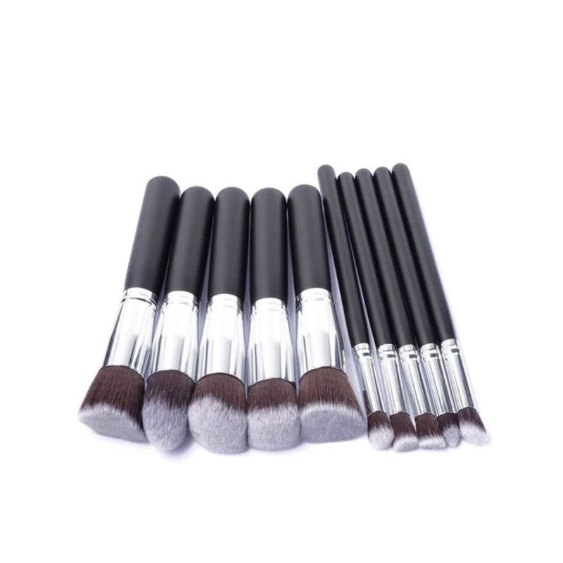 Portable Makeup Brush Set with Wooden Handles - 10-Piece Cosmetic Tools