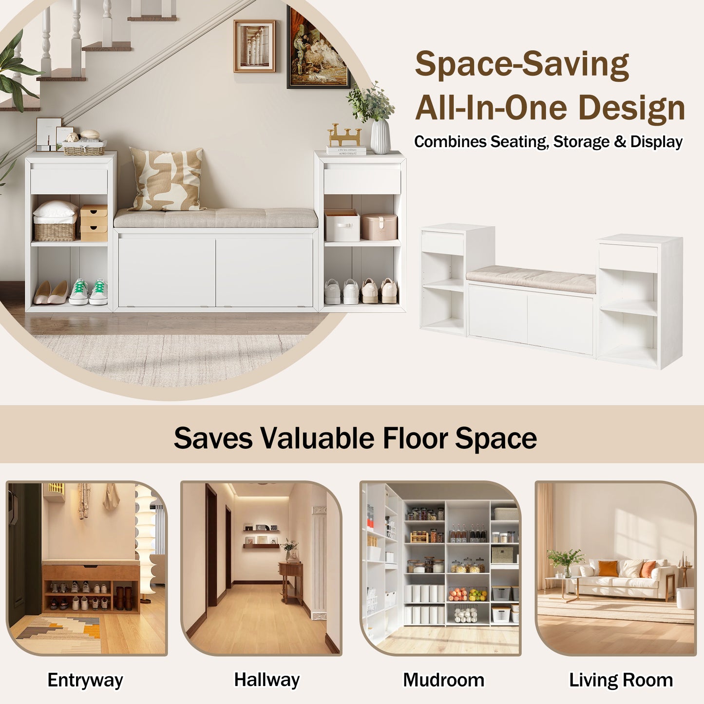 All-in-One Entryway Storage Bench with Cushion and Drawers - White